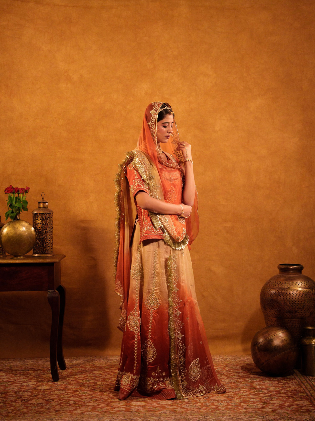 Peach Orange Satin Rajputi Poshak With Heavy Zardozi work