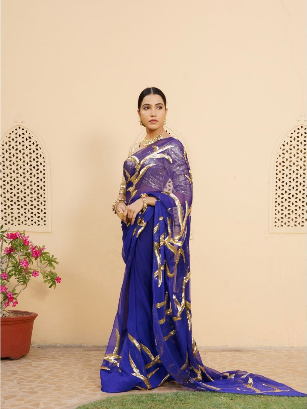 Royal Blue Chinon Saree – Gold Sequin Embroidery