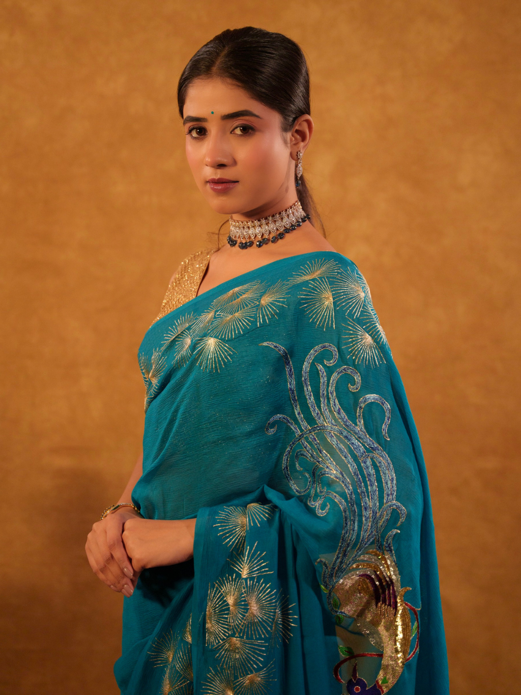 Teal Blue Pure Chiffon Aari Peacock Motif Handwork Saree