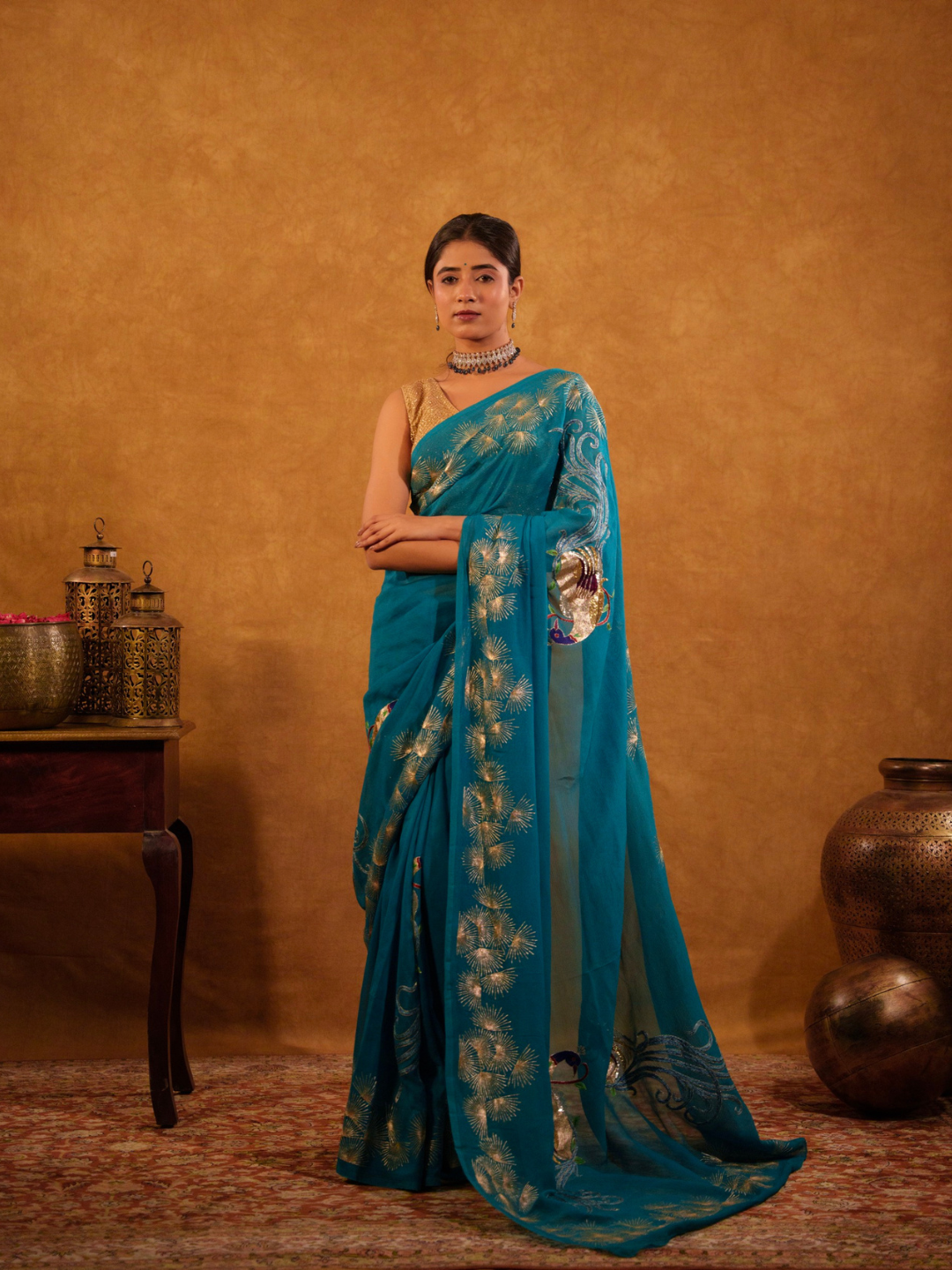 Teal Blue Pure Chiffon Aari Peacock Motif Handwork Saree