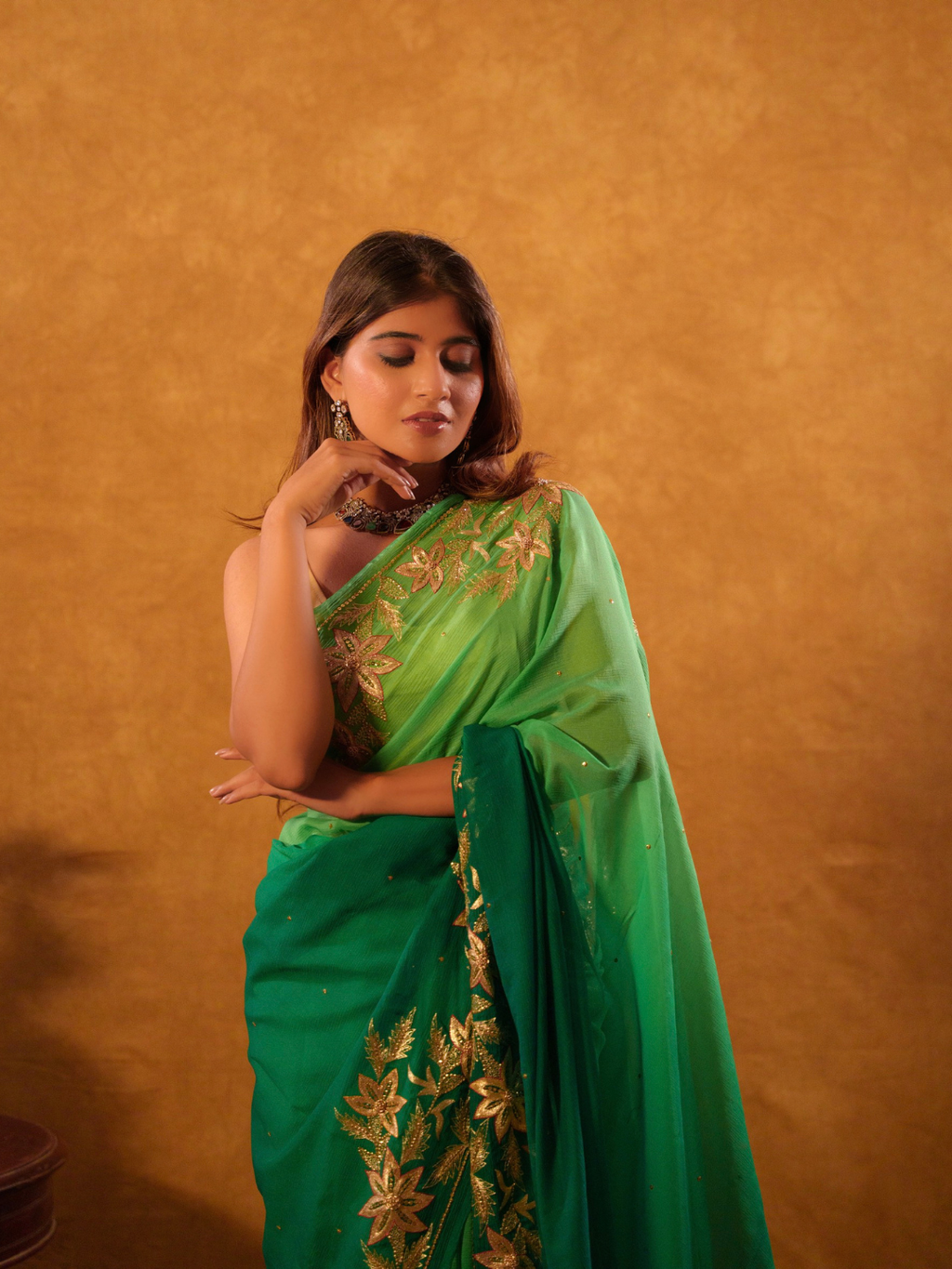 Emerald Green Chiffon Saree – Gold Floral Embroider