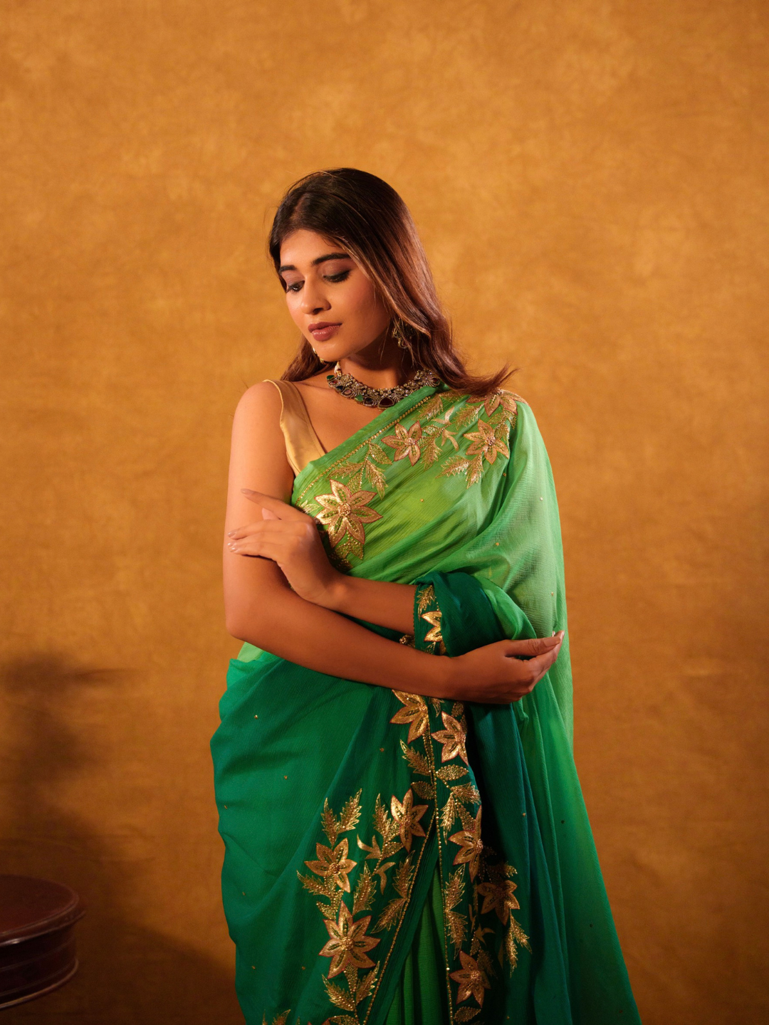 Emerald Green Chiffon Saree – Gold Floral Embroider