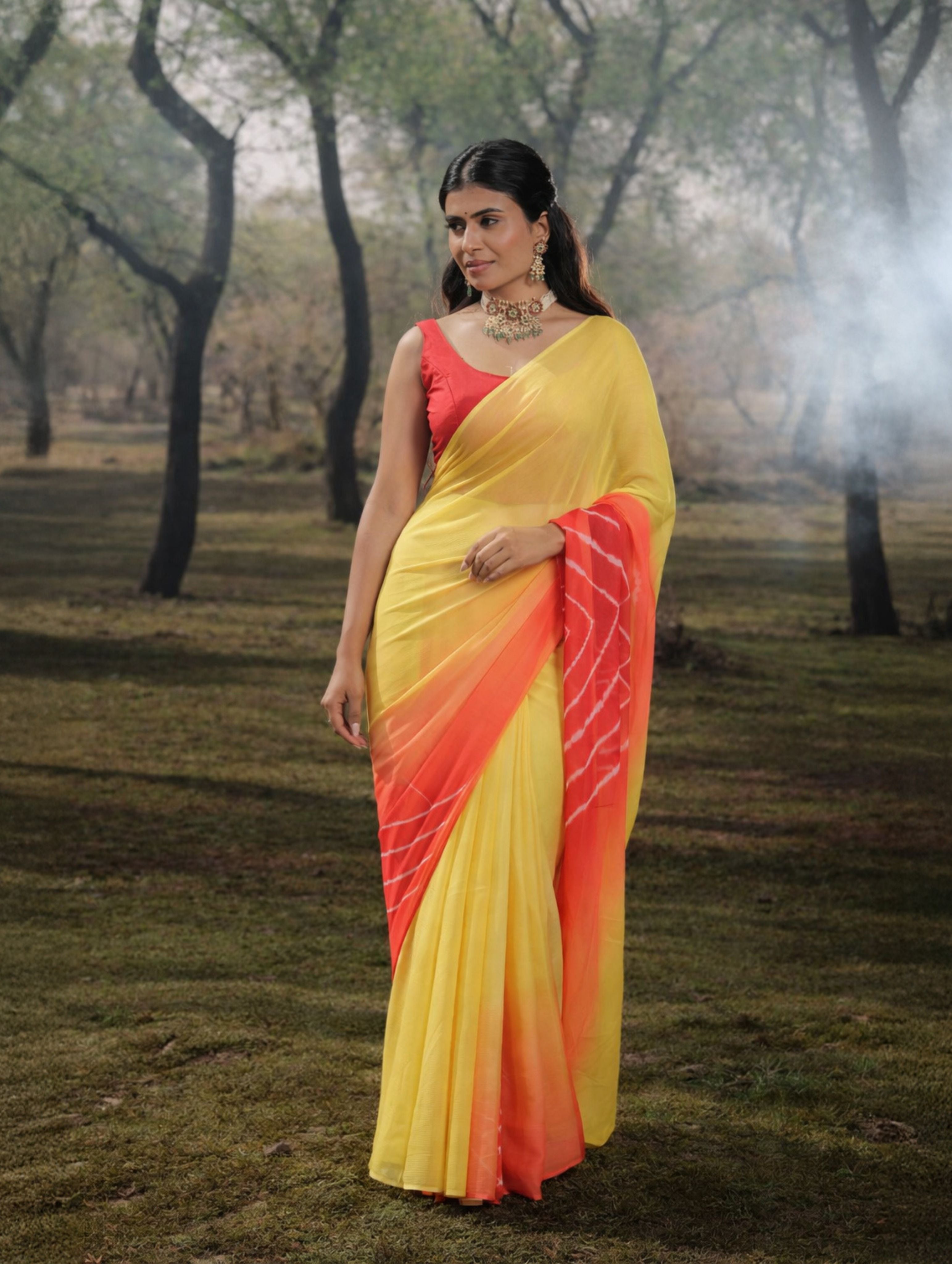 Yellow Red Multicolor Hand-Dyed Double Diamond Chiffon Saree