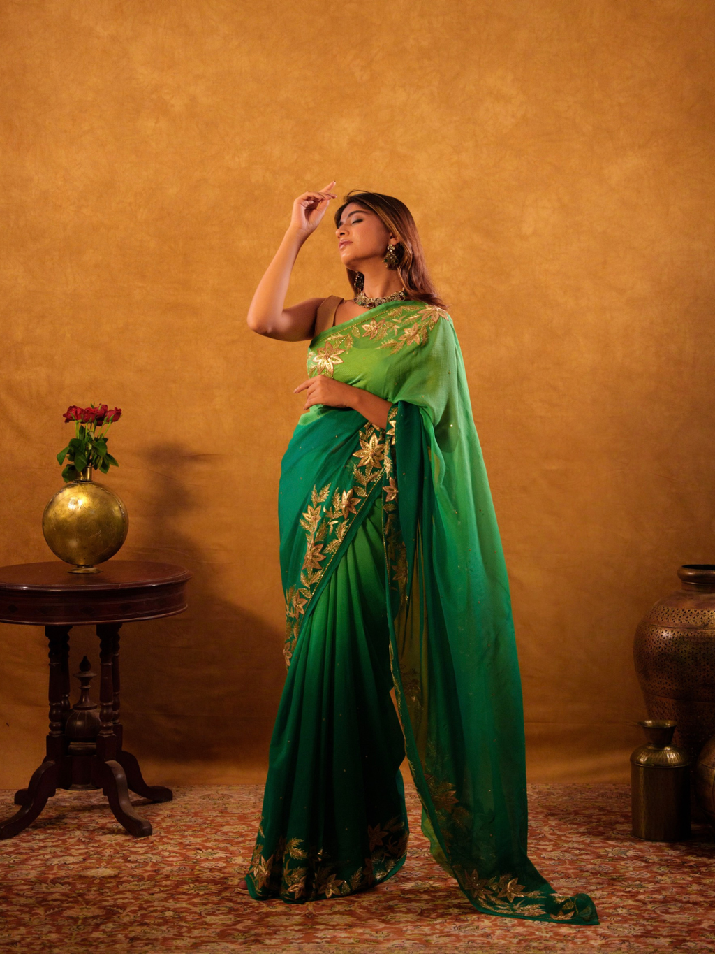 Emerald Green Chiffon Saree – Gold Floral Embroider