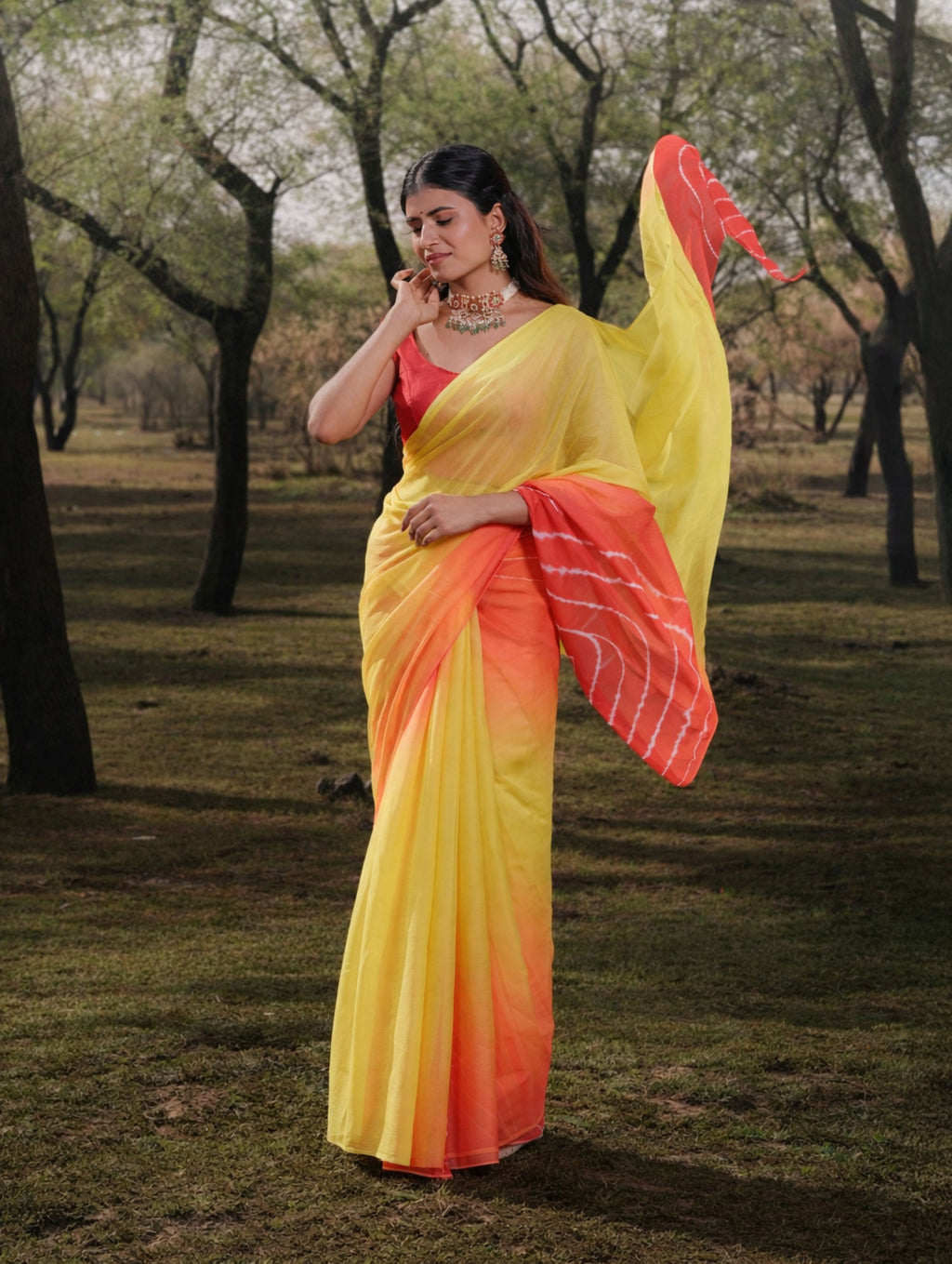Yellow Red Multicolor Hand-Dyed Double Diamond Chiffon Saree