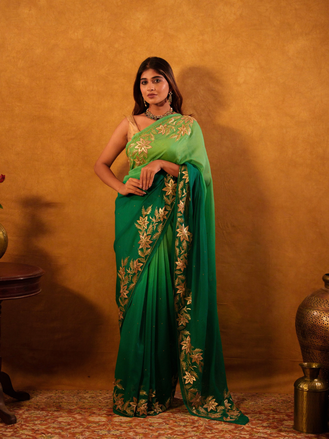 Emerald Green Chiffon Saree – Gold Floral Embroider