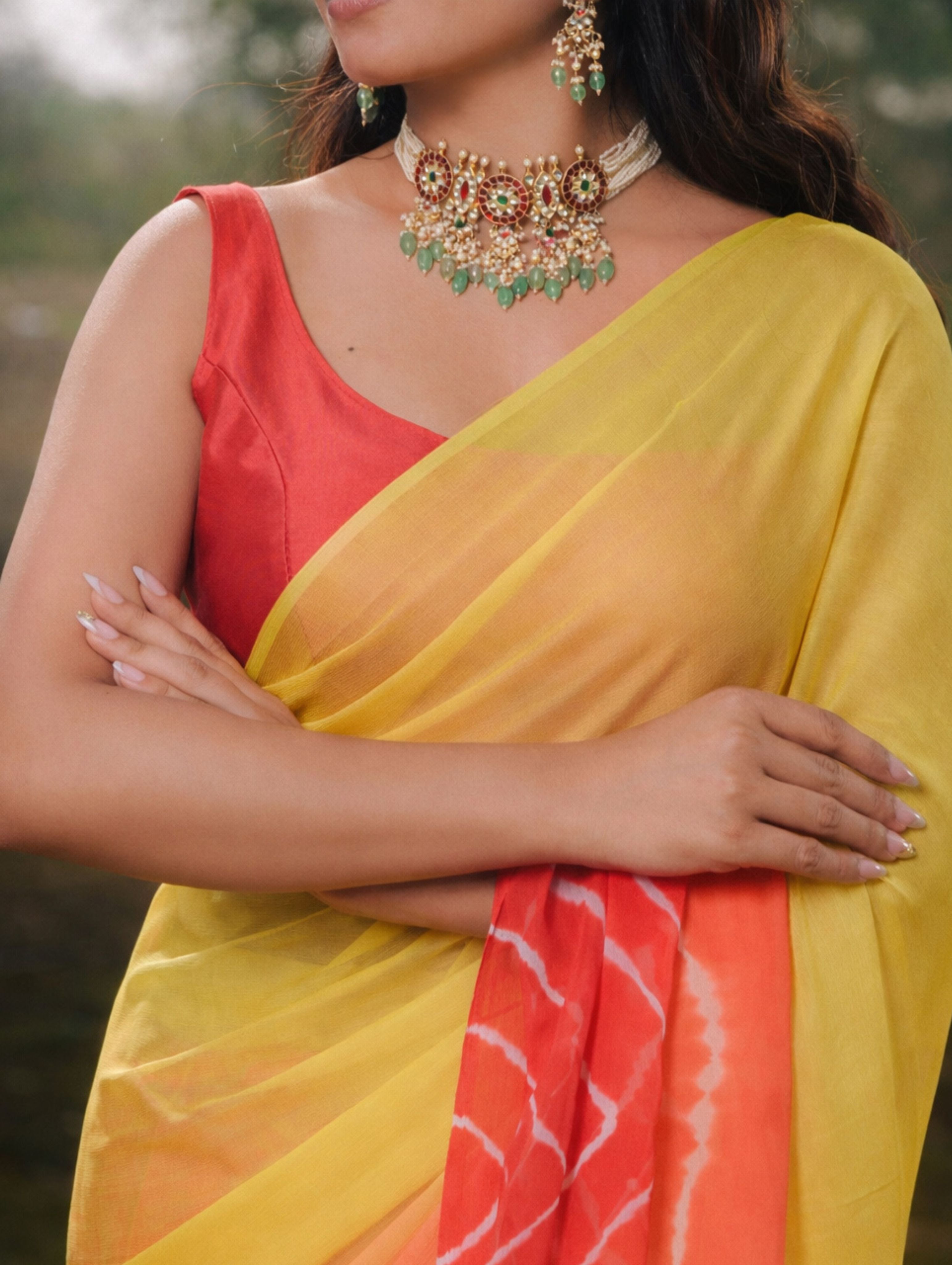 Yellow Red Multicolor Hand-Dyed Double Diamond Chiffon Saree