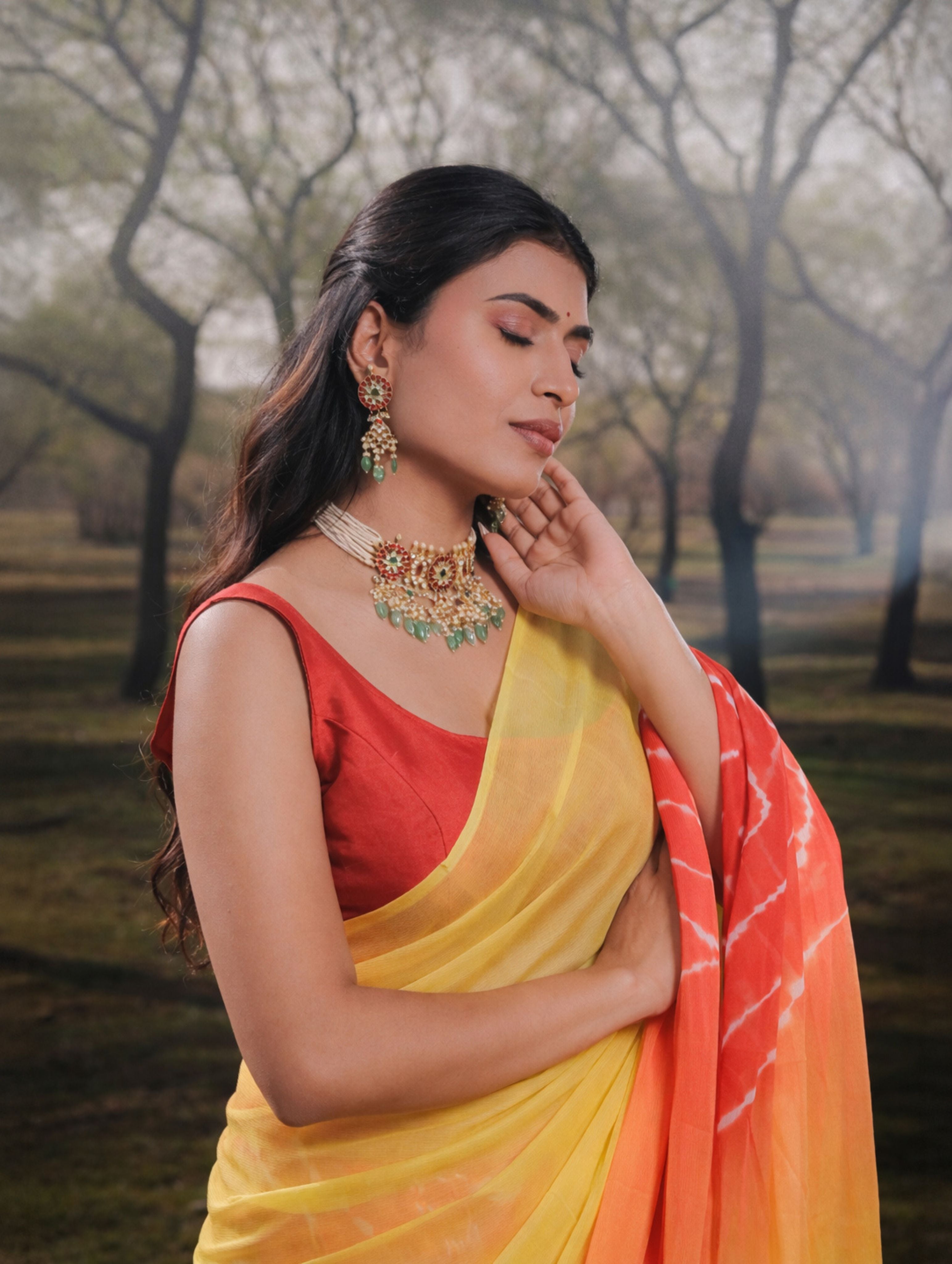 Yellow Red Multicolor Hand-Dyed Double Diamond Chiffon Saree