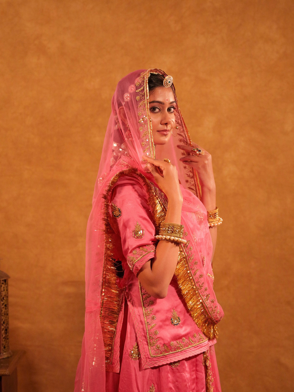 Pink Satin Rajputi Poshak With Pure Odhna
