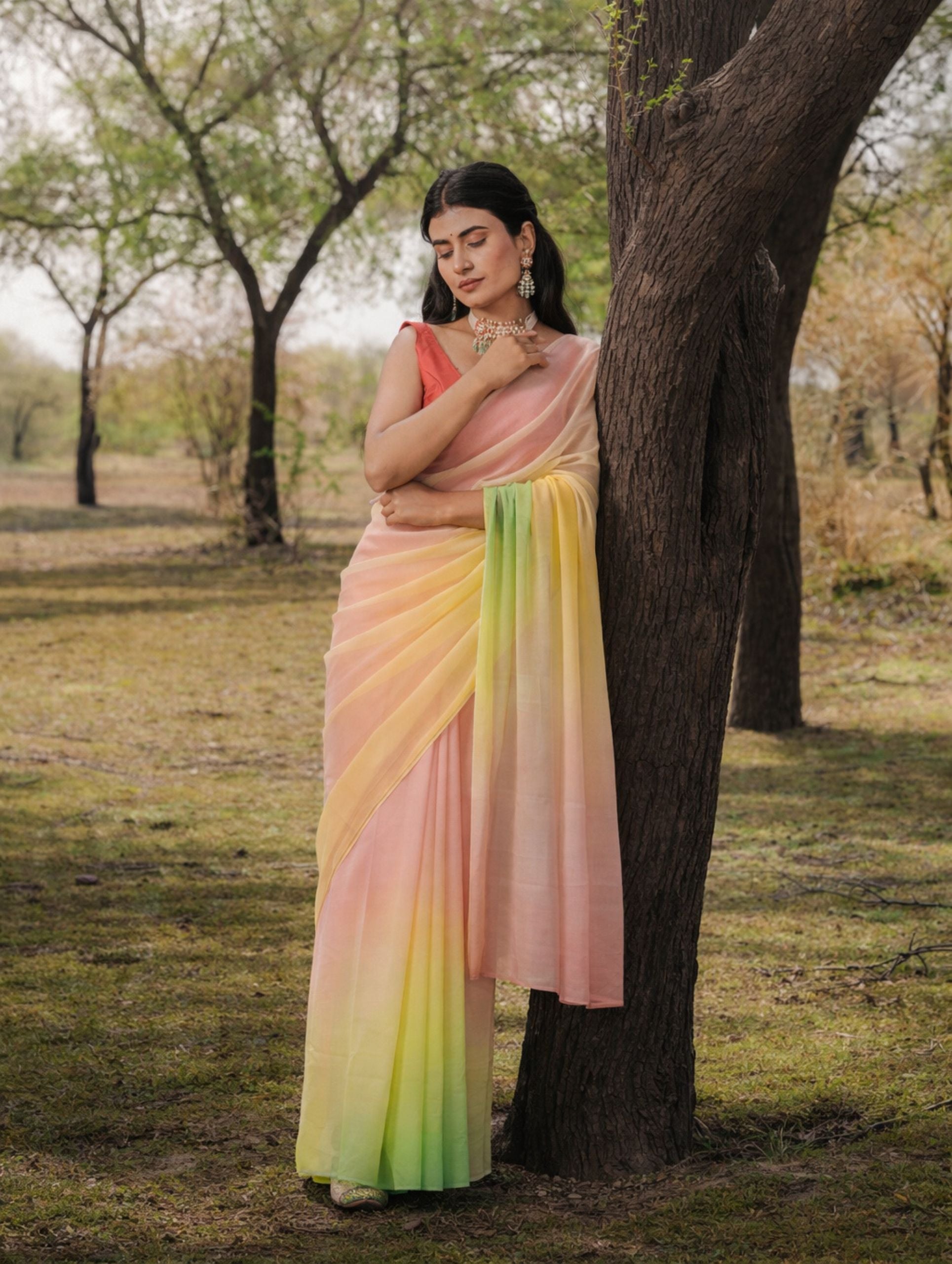 Yellow Levender Green Multicolor Hand-Dyed Viscose Chiffon Saree