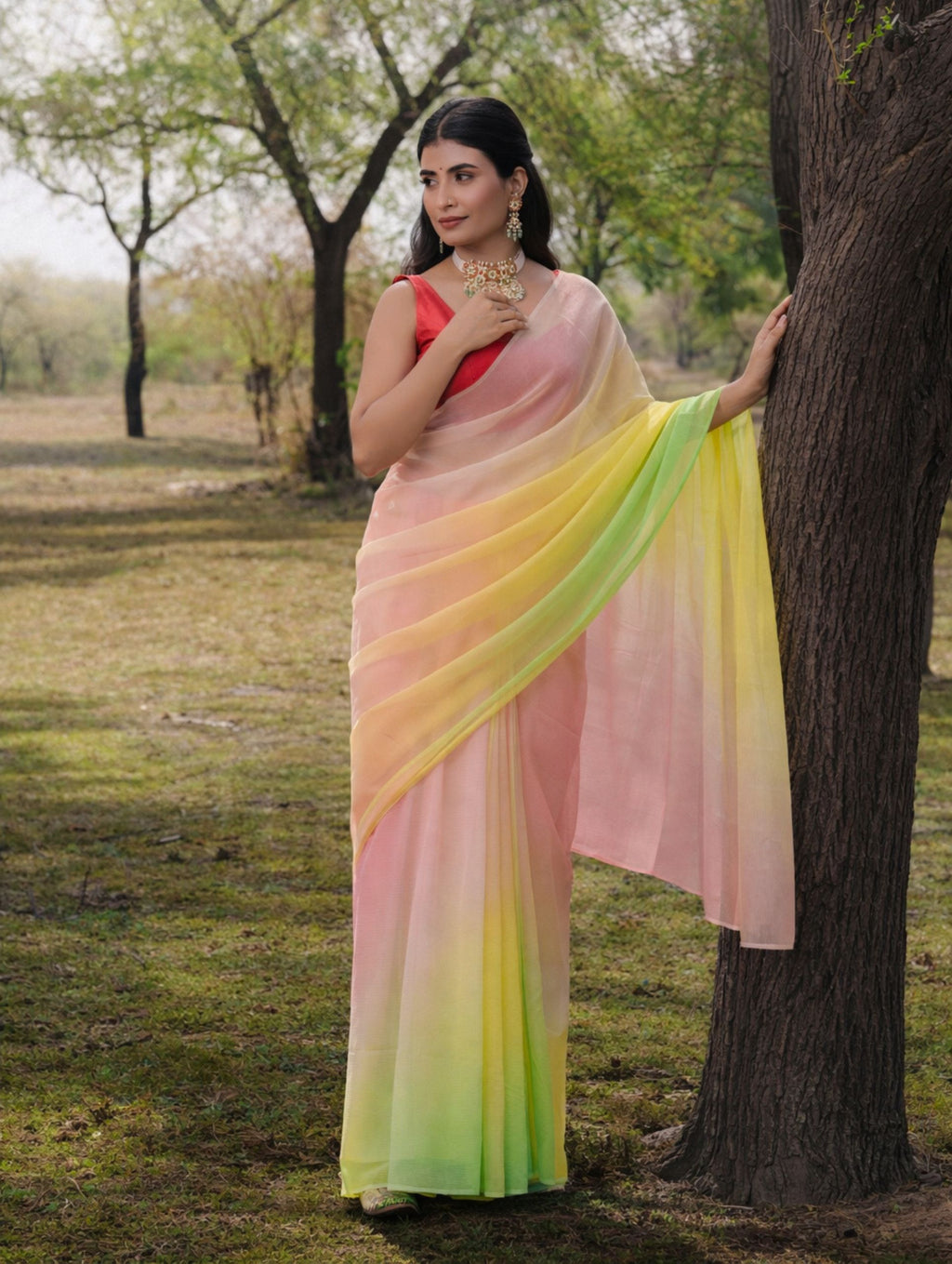 Yellow Levender Green Multicolor Hand-Dyed Viscose Chiffon Saree