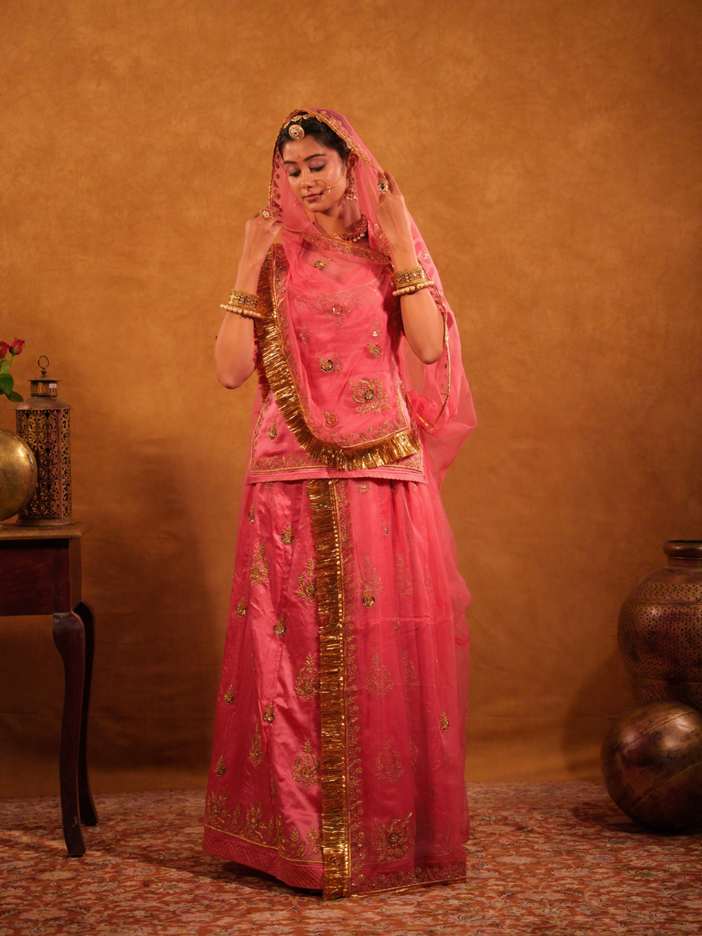 Pink Satin Rajputi Poshak With Pure Odhna