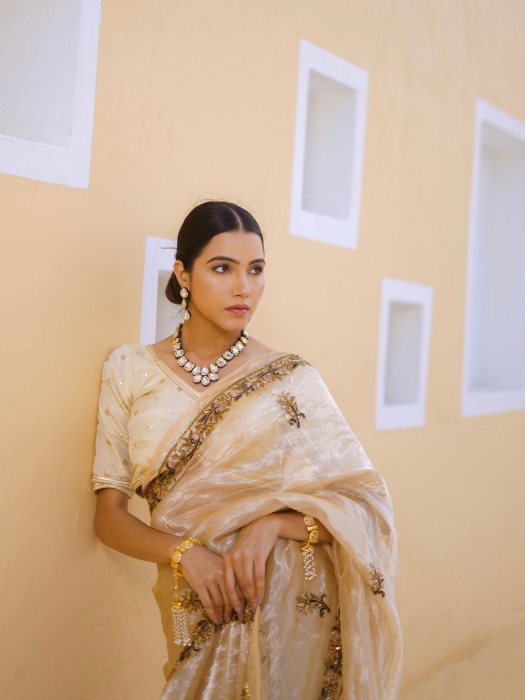 Champagne Gold Organza Silk Saree – Hand Embroidery