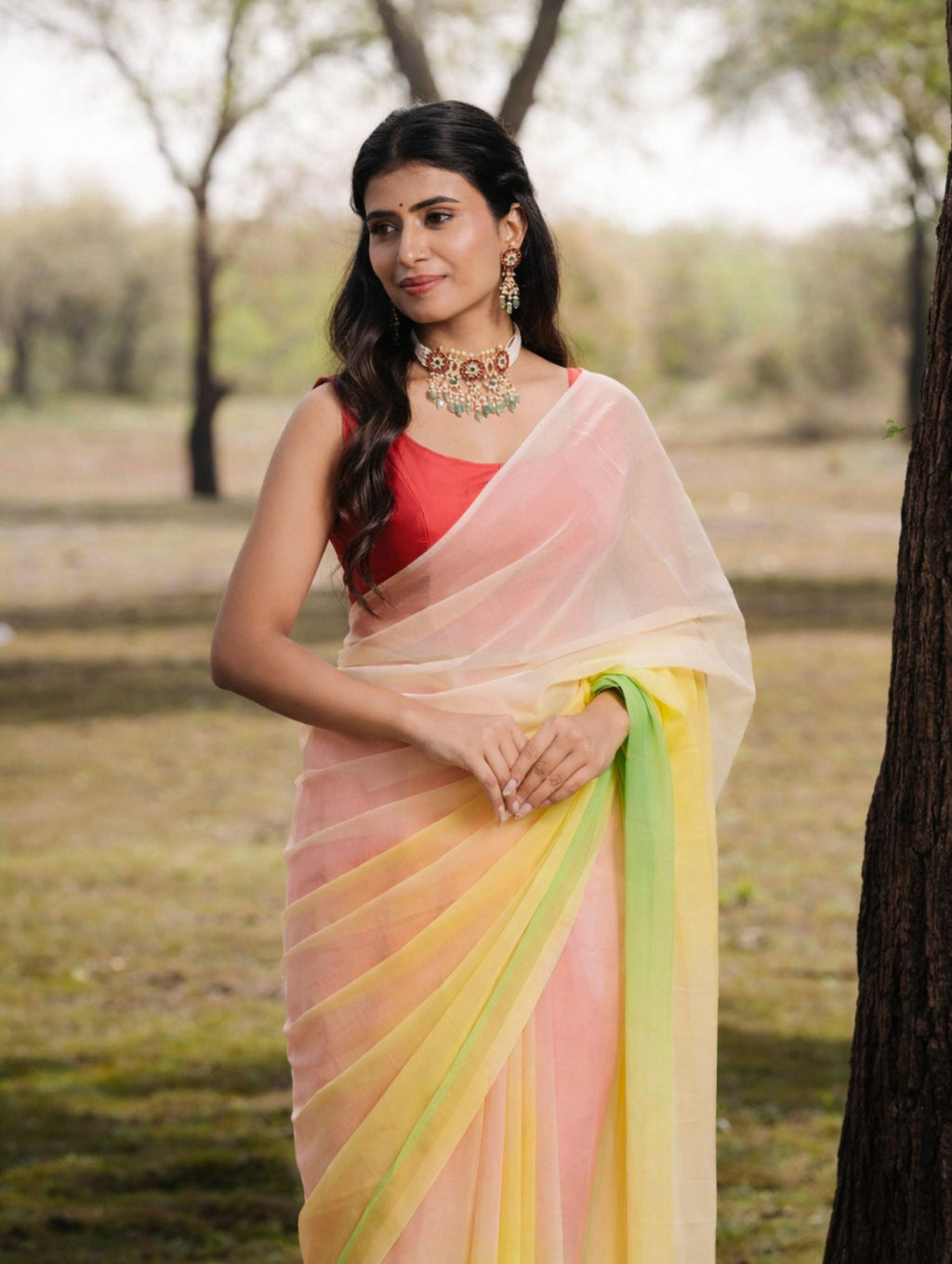 Yellow Levender Green Multicolor Hand-Dyed Viscose Chiffon Saree