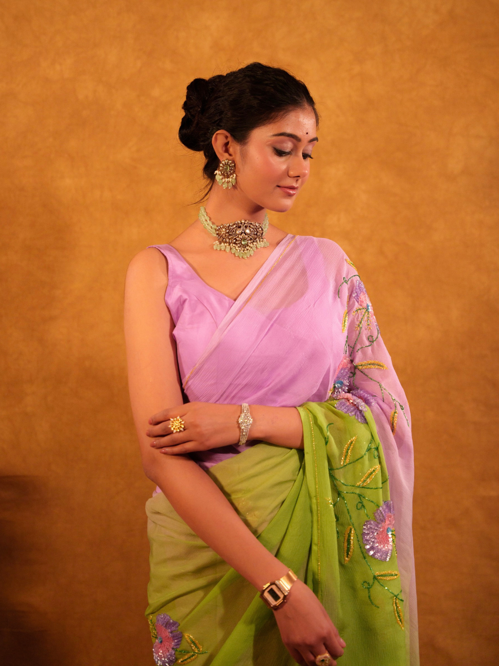 Green and Purple Shaded Chiffon Saree With Sequin and Beads Work