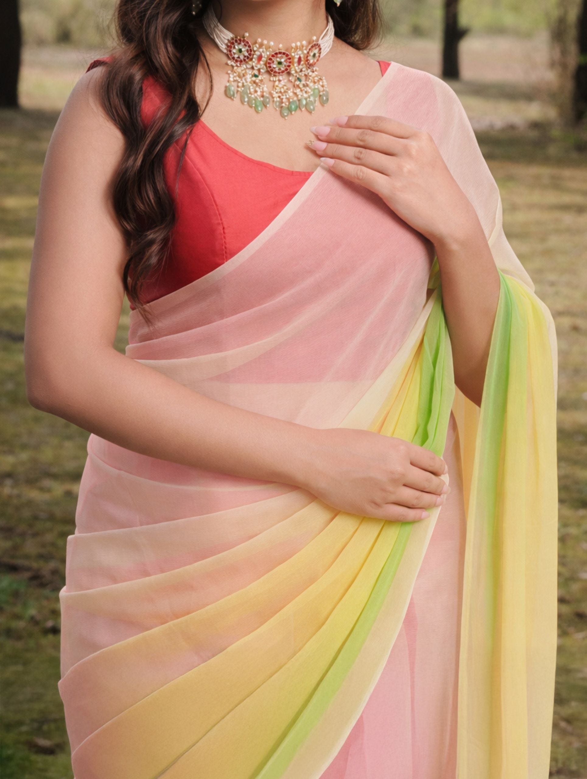 Yellow Levender Green Multicolor Hand-Dyed Viscose Chiffon Saree