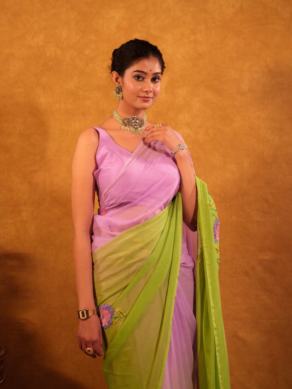 Green and Purple Shaded Chiffon Saree With Sequin and Beads Work