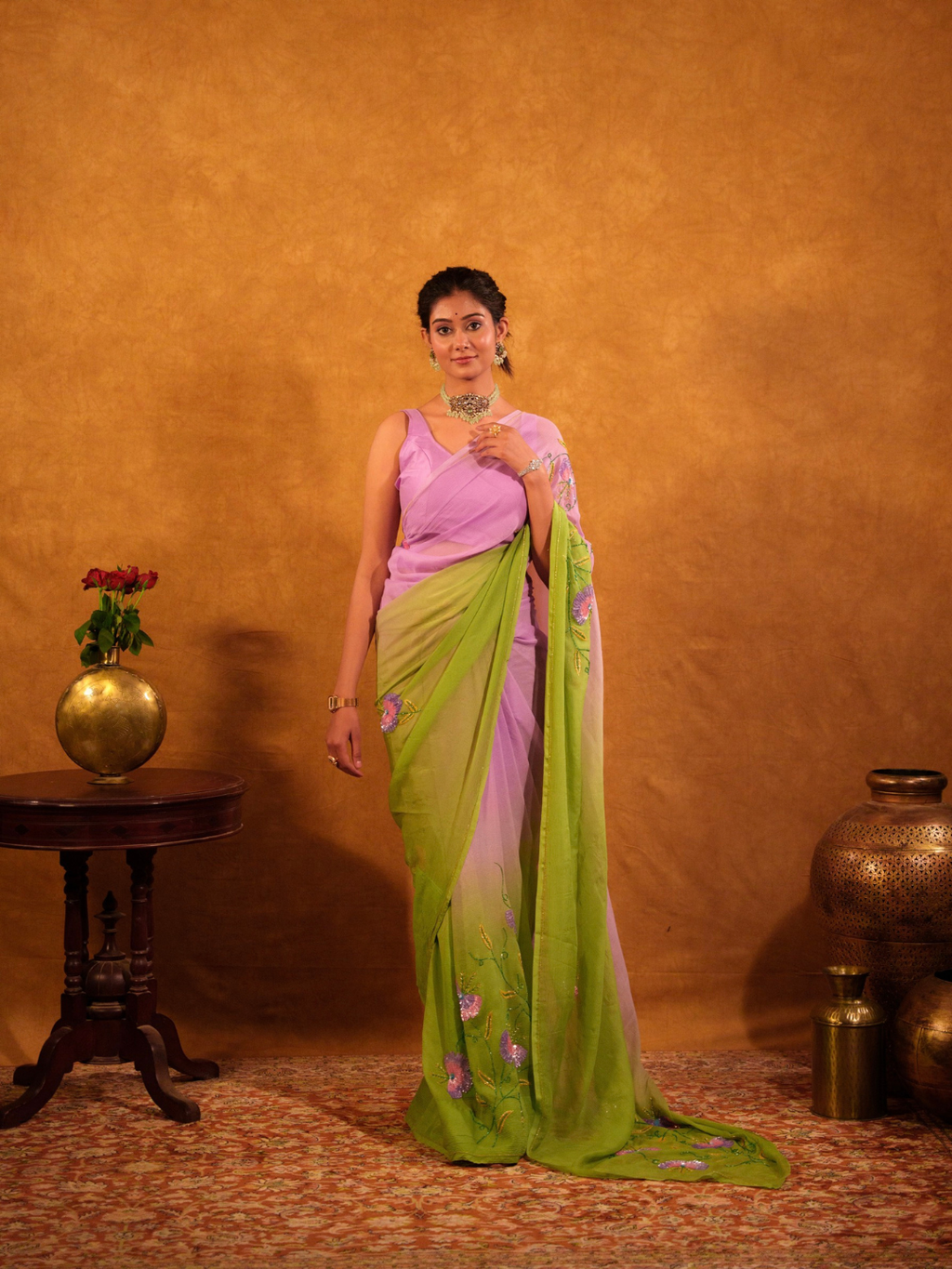 Green and Purple Shaded Chiffon Saree With Sequin and Beads Work