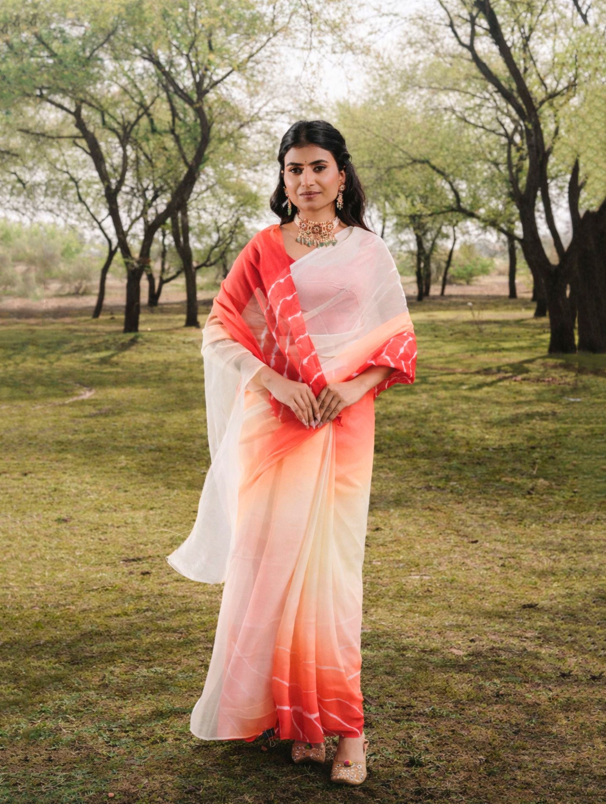 Red And Ivory Multicolor Hand-Dyed Double Diamond Chiffon Saree