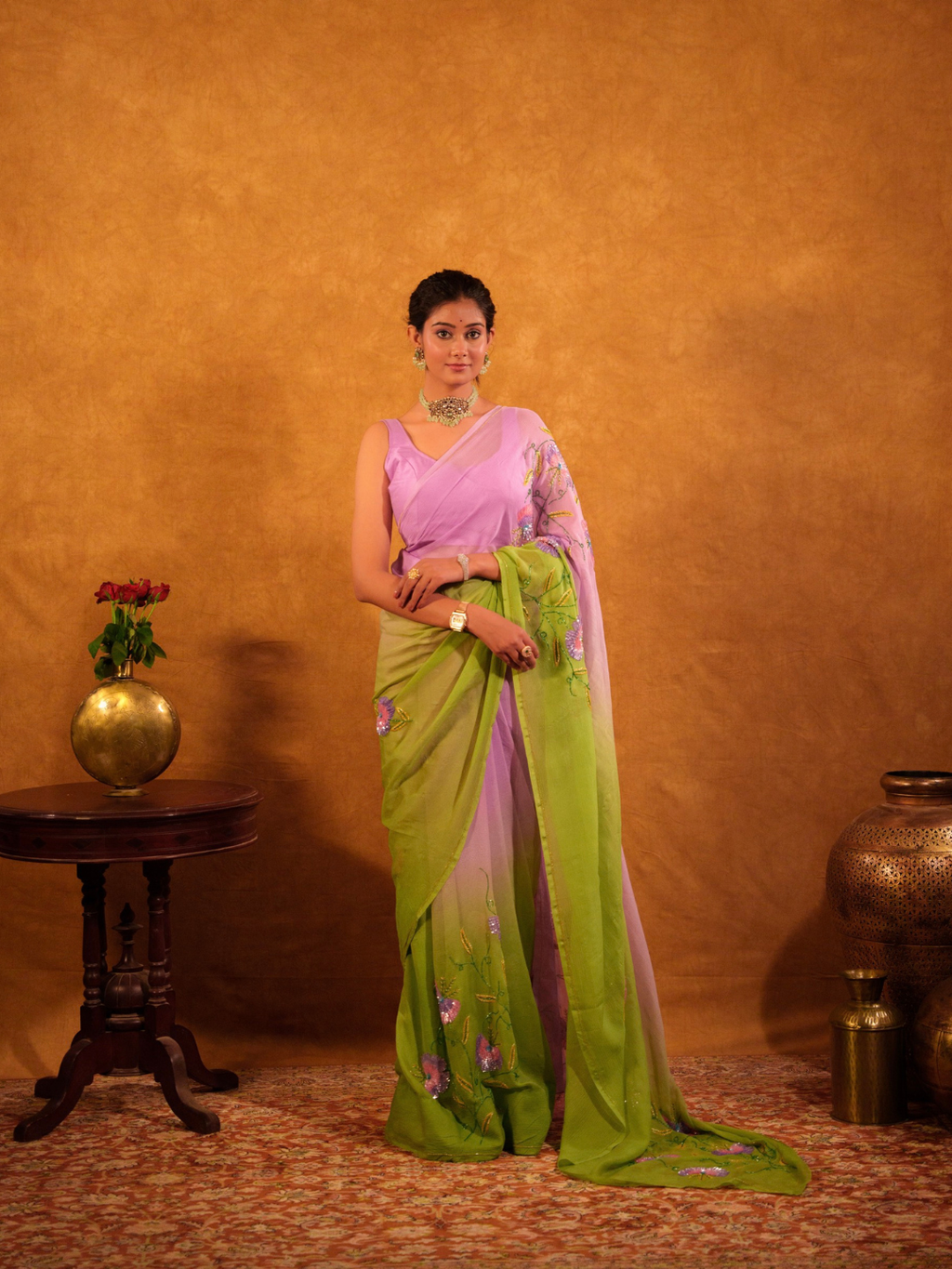 Green and Purple Shaded Chiffon Saree With Sequin and Beads Work