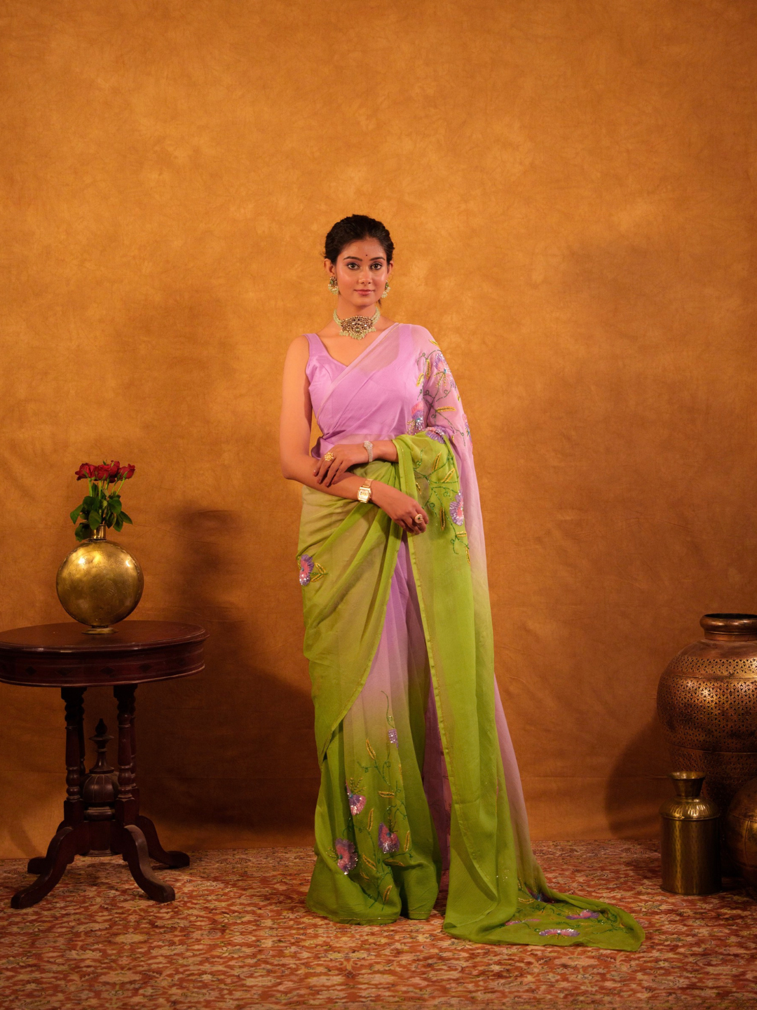 Lilac Lime Chinon Saree – Embroidered