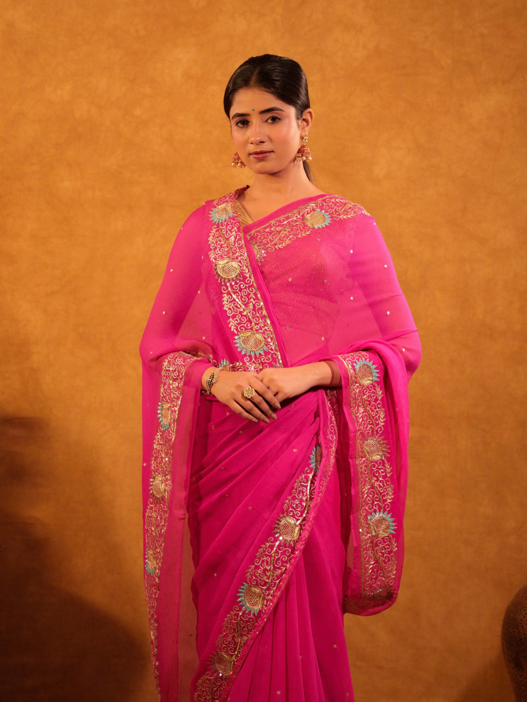 Rani Pink Chiffon Saree With Aari Work
