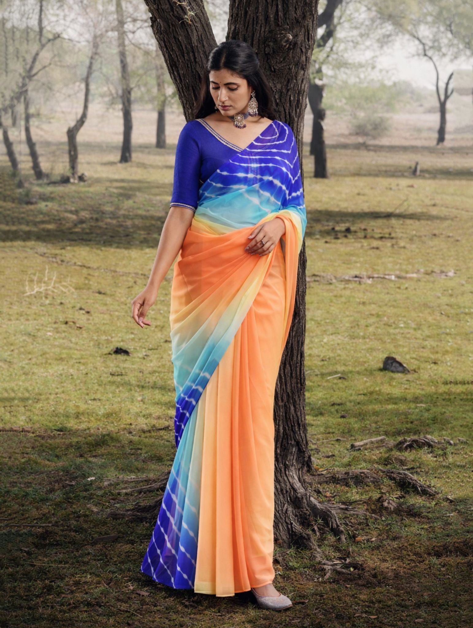 Indigo Blue Coral Pink Multicolor Hand-Dyed Double Diamond Chiffon Saree