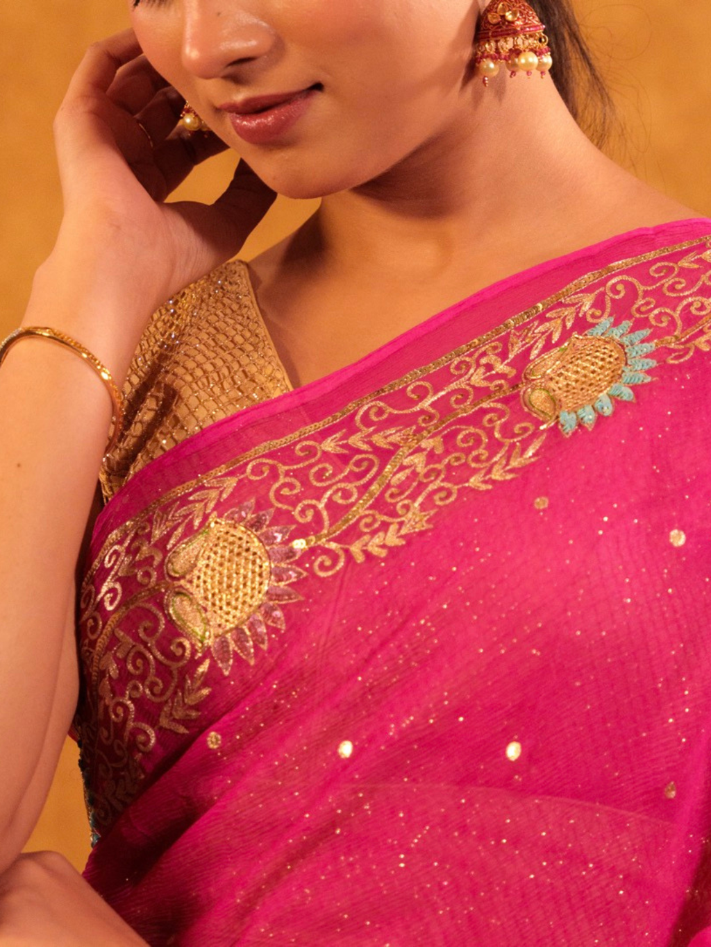 Rani Pink Chiffon Saree With Aari Work