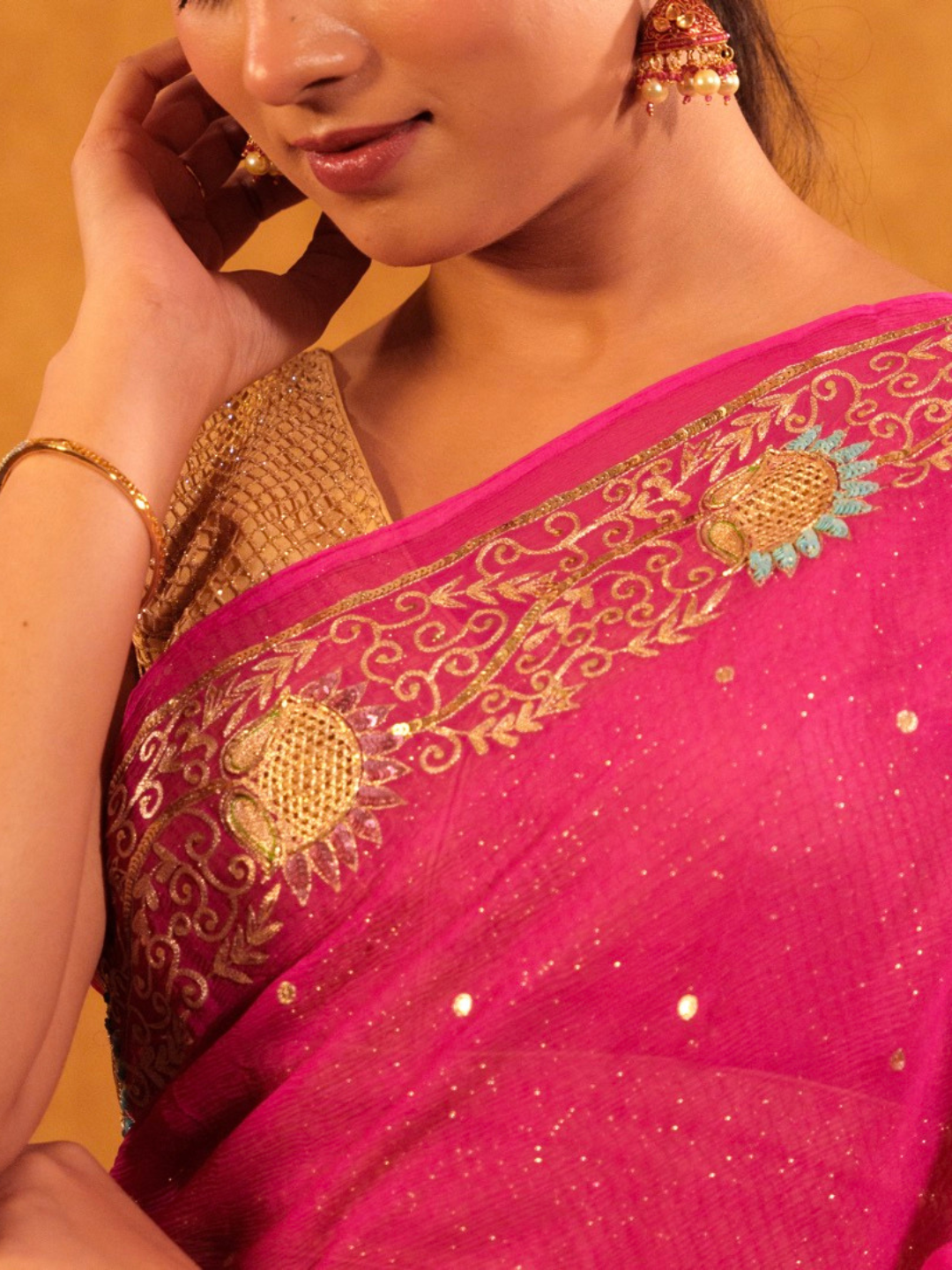 Rani Pink Chinon Saree – Zari Embroidery