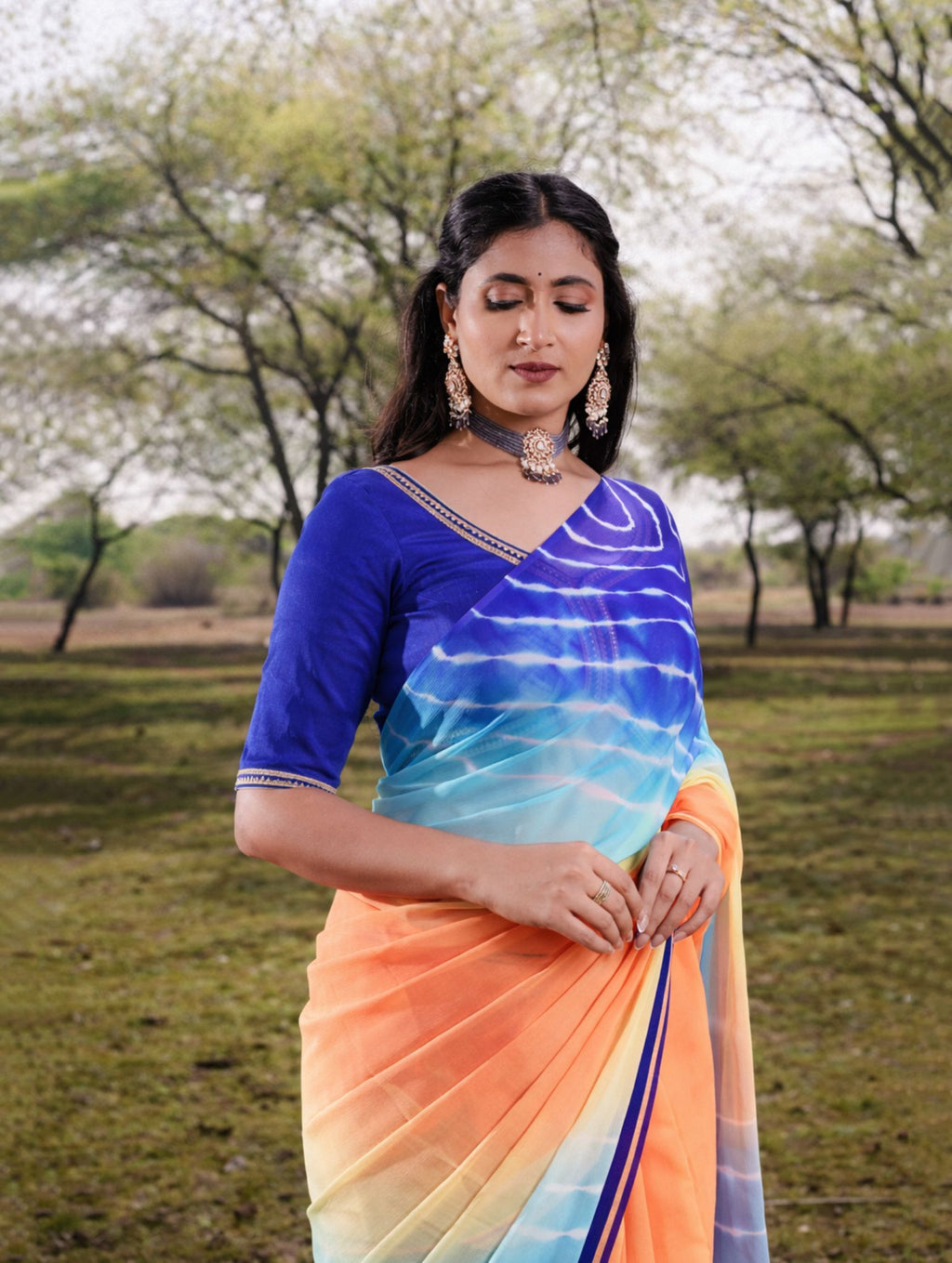 Indigo Blue Coral Pink Multicolor Hand-Dyed Double Diamond Chiffon Saree