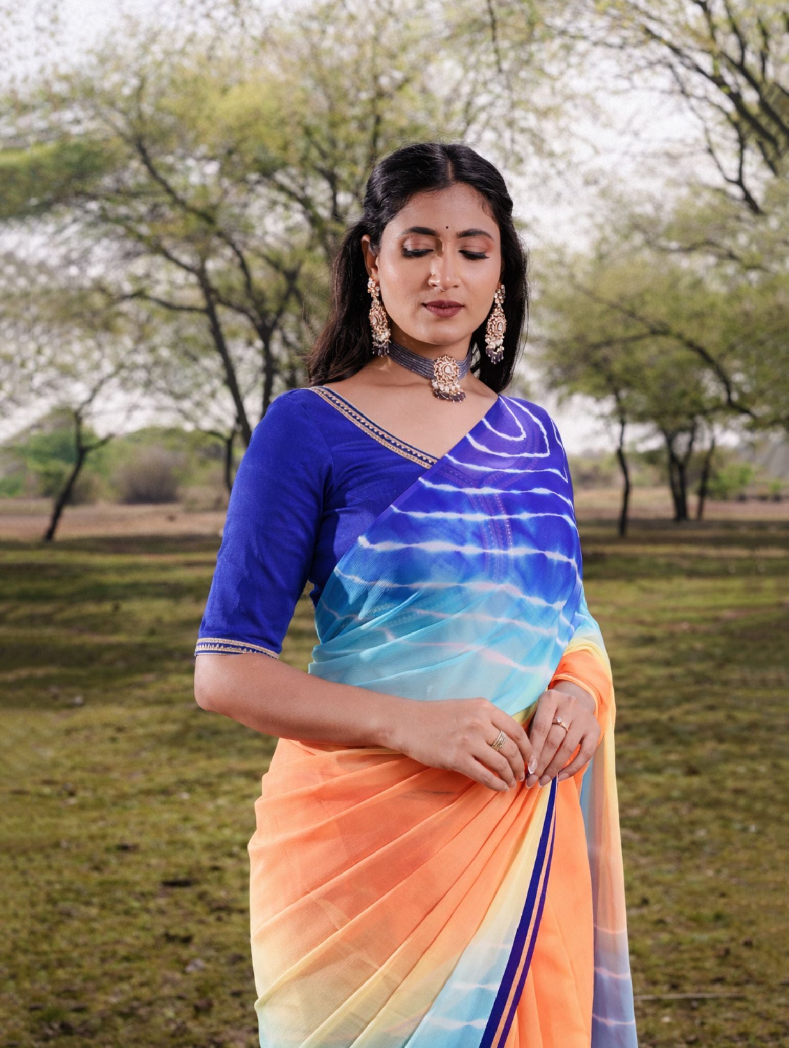 Indigo Blue Coral Pink Multicolor Hand-Dyed Double Diamond Chiffon Saree