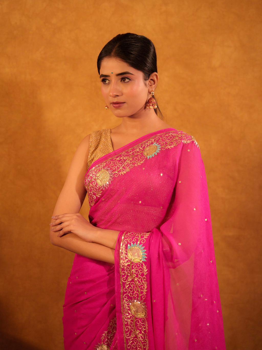 Rani Pink Chiffon Saree With Aari Work