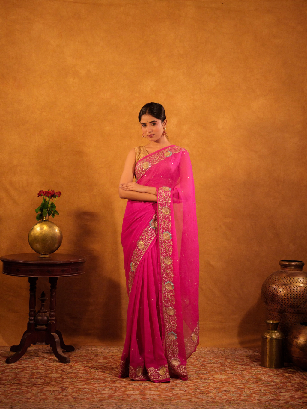 Rani Pink Chiffon Saree With Aari Work