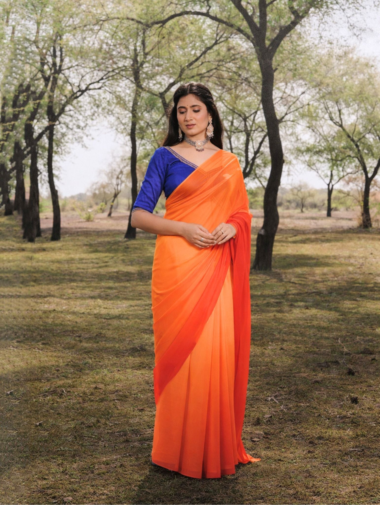 Red and Yellow Shaded Hand-Dyed Viscose Chiffon Saree
