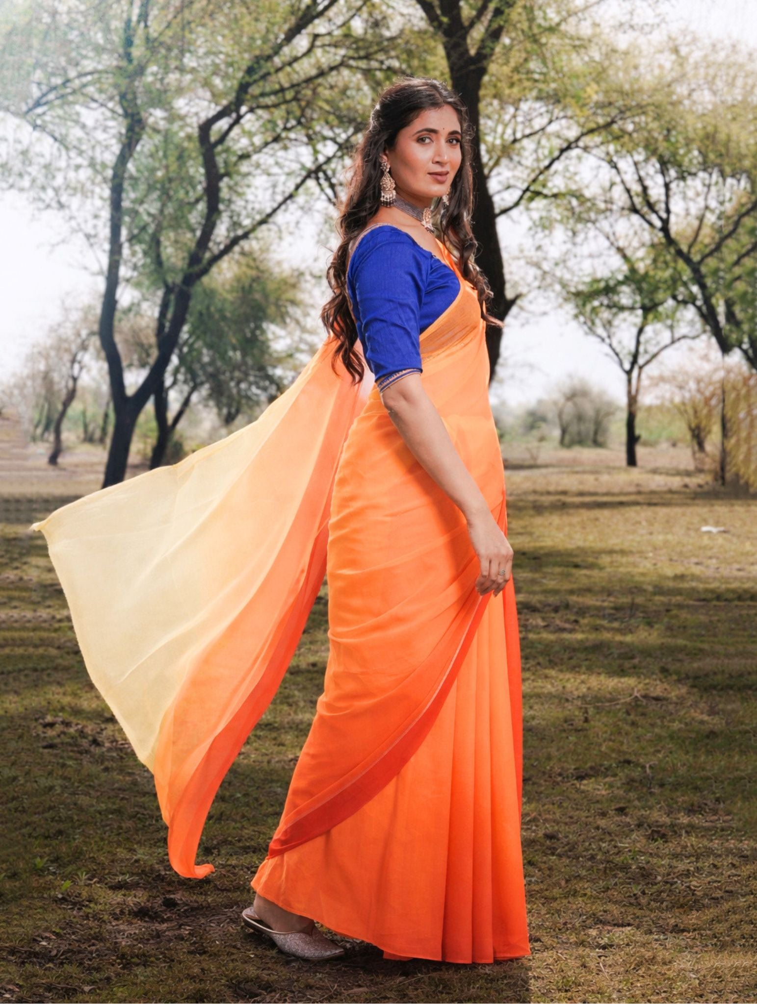 Red and Yellow Shaded Hand-Dyed Viscose Chiffon Saree