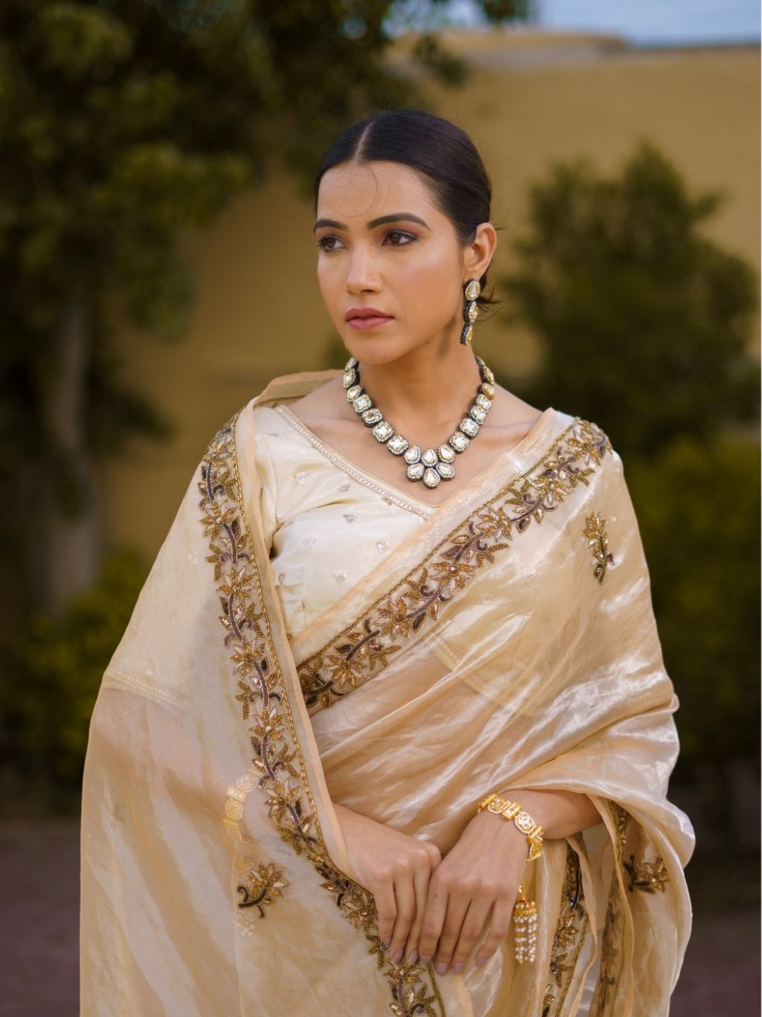 Champagne Gold Organza Silk Saree – Hand Embroidery