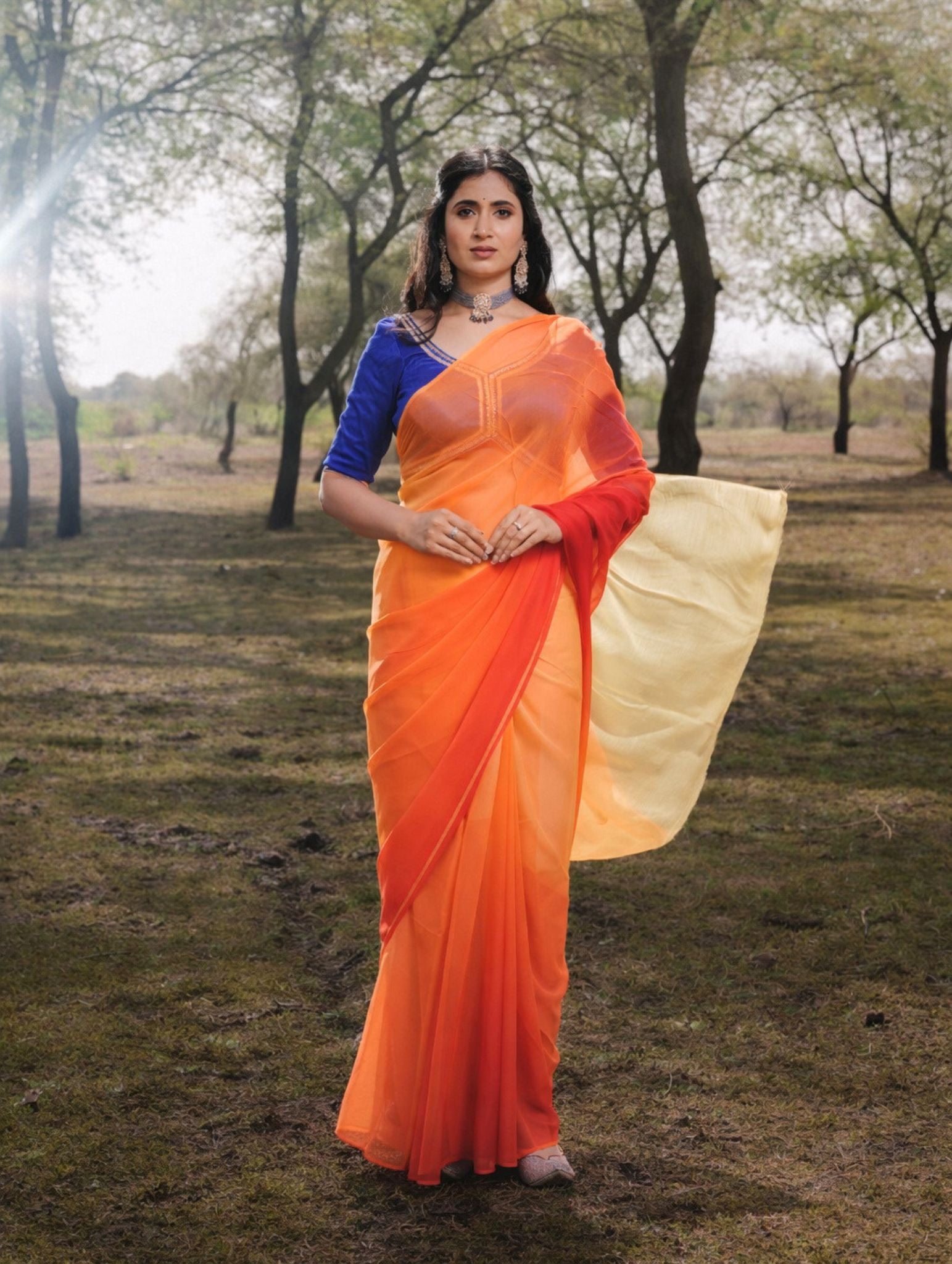 Red and Yellow Shaded Hand-Dyed Viscose Chiffon Saree
