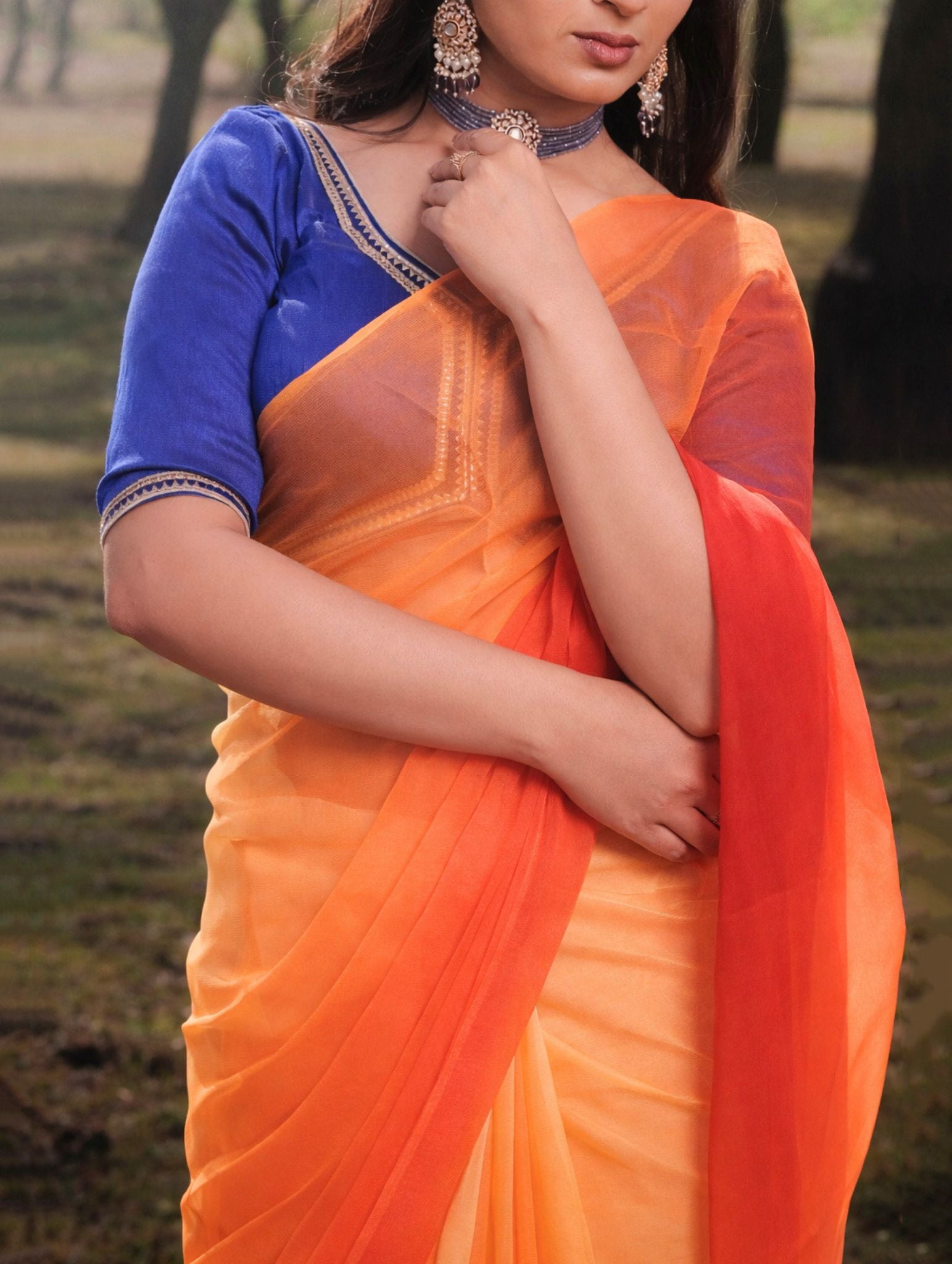 Red and Yellow Shaded Hand-Dyed Viscose Chiffon Saree