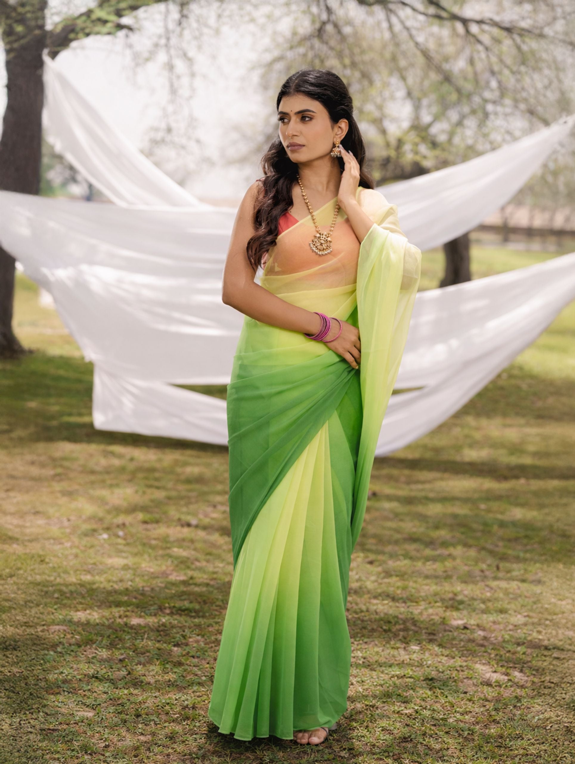 Sea Green And Lime Shaded Hand-Dyed Viscose Chiffon Saree