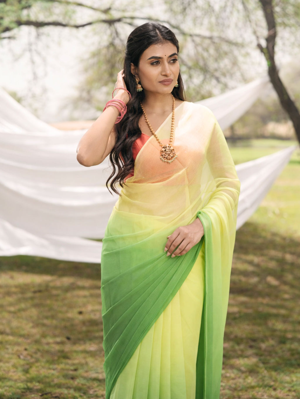 Sea Green And Lime Shaded Hand-Dyed Viscose Chiffon Saree