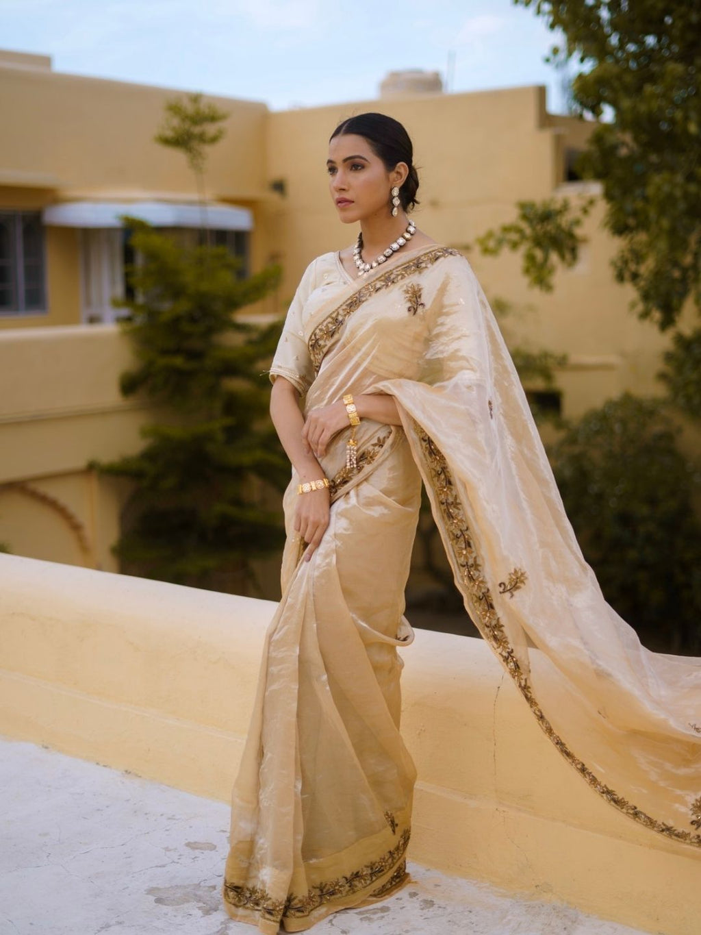 Champagne Gold Organza Silk Saree – Hand Embroidery