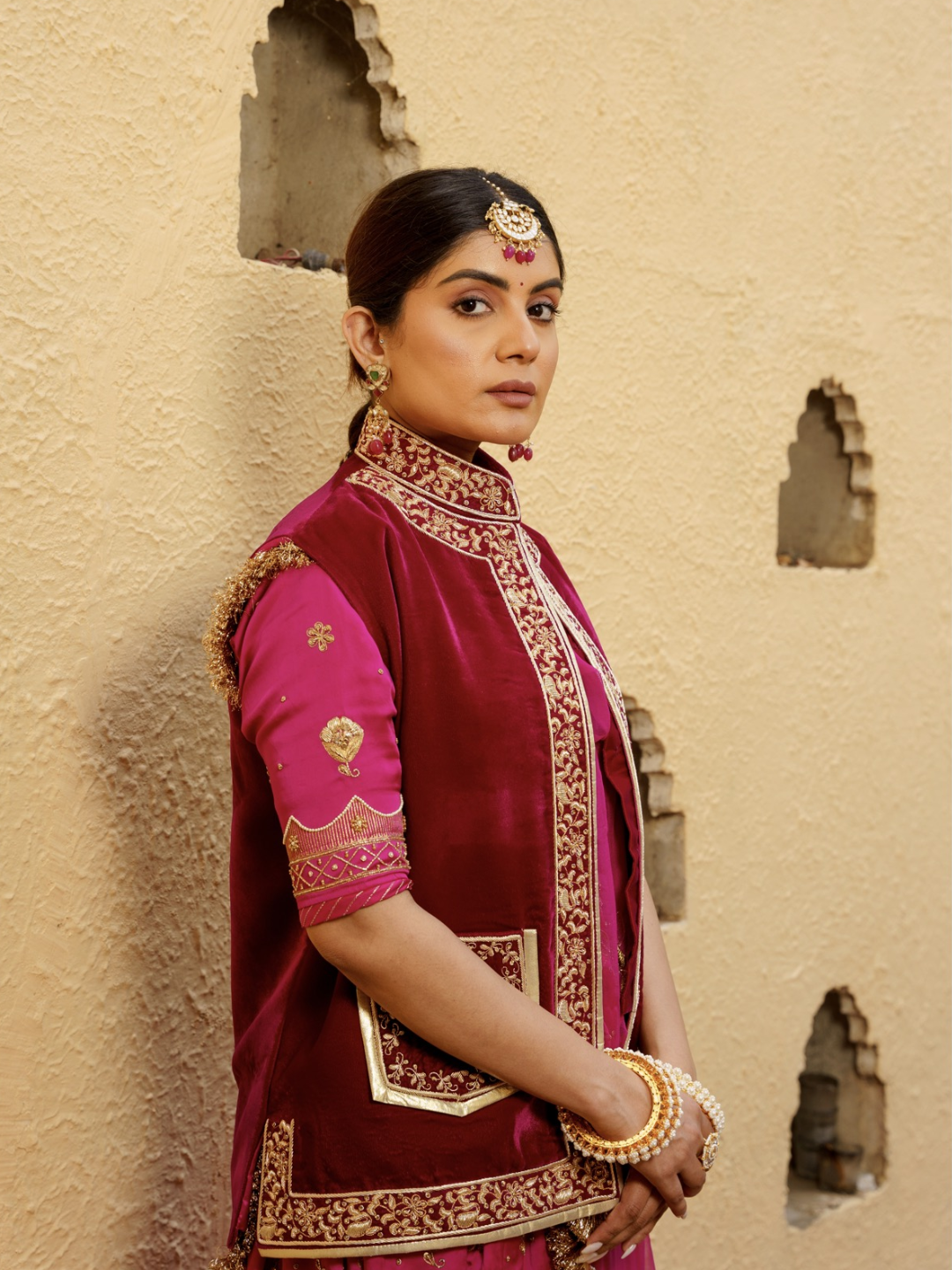 Deep Red Velvet Jacket – Embroidered