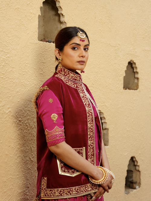 Deep Red Velvet Jacket – Embroidered