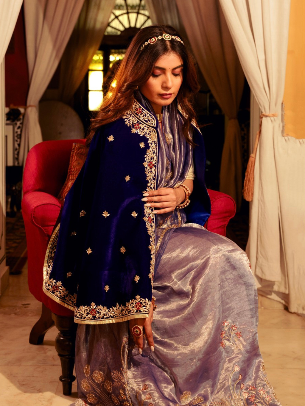 Royal Blue Velvet Cape With Zardozi Work