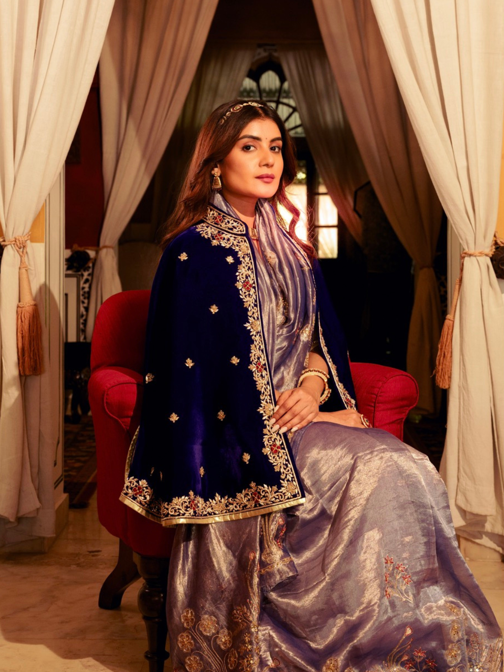 Royal Blue Velvet Cape With Zardozi Work