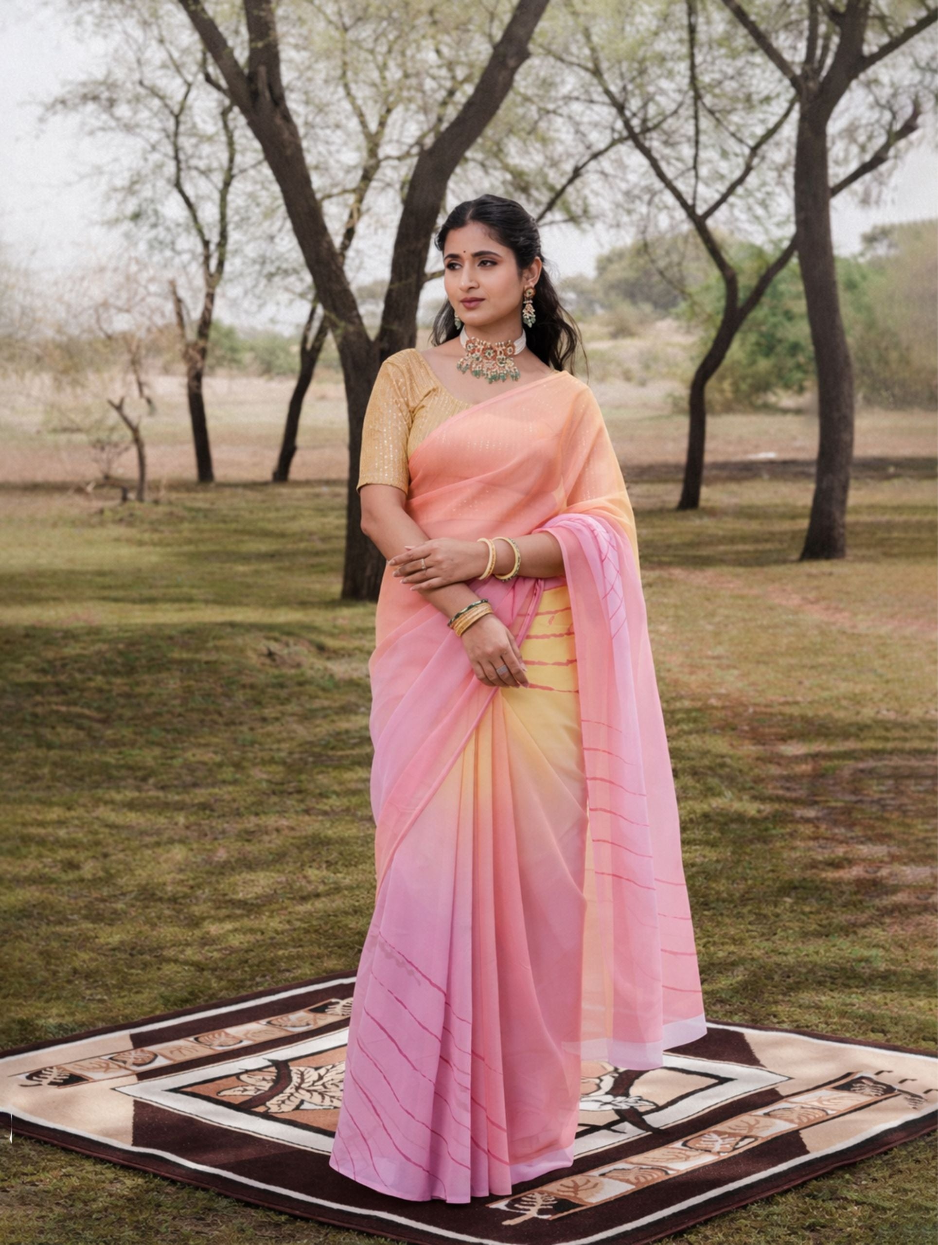 Powder Pink And Butter Yellow Multicolor Double Diamond Chiffon Saree