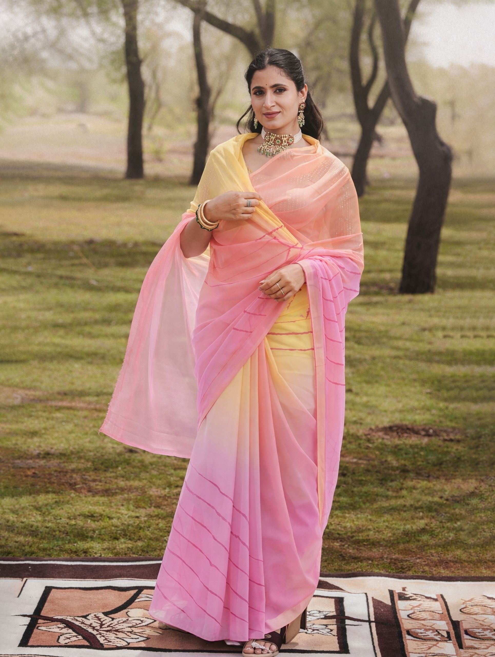 Powder Pink And Butter Yellow Multicolor Double Diamond Chiffon Saree