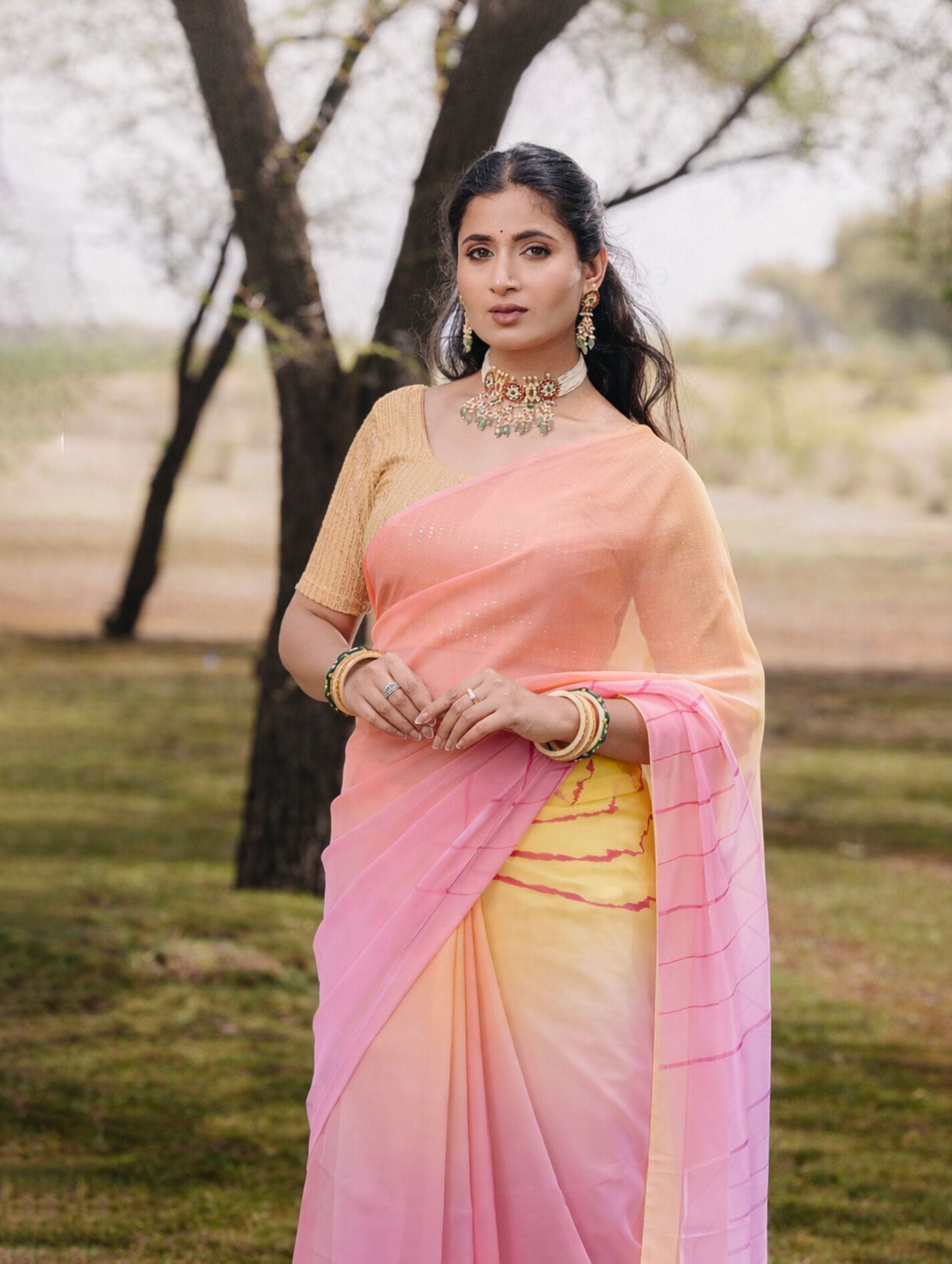 Powder Pink And Butter Yellow Multicolor Double Diamond Chiffon Saree