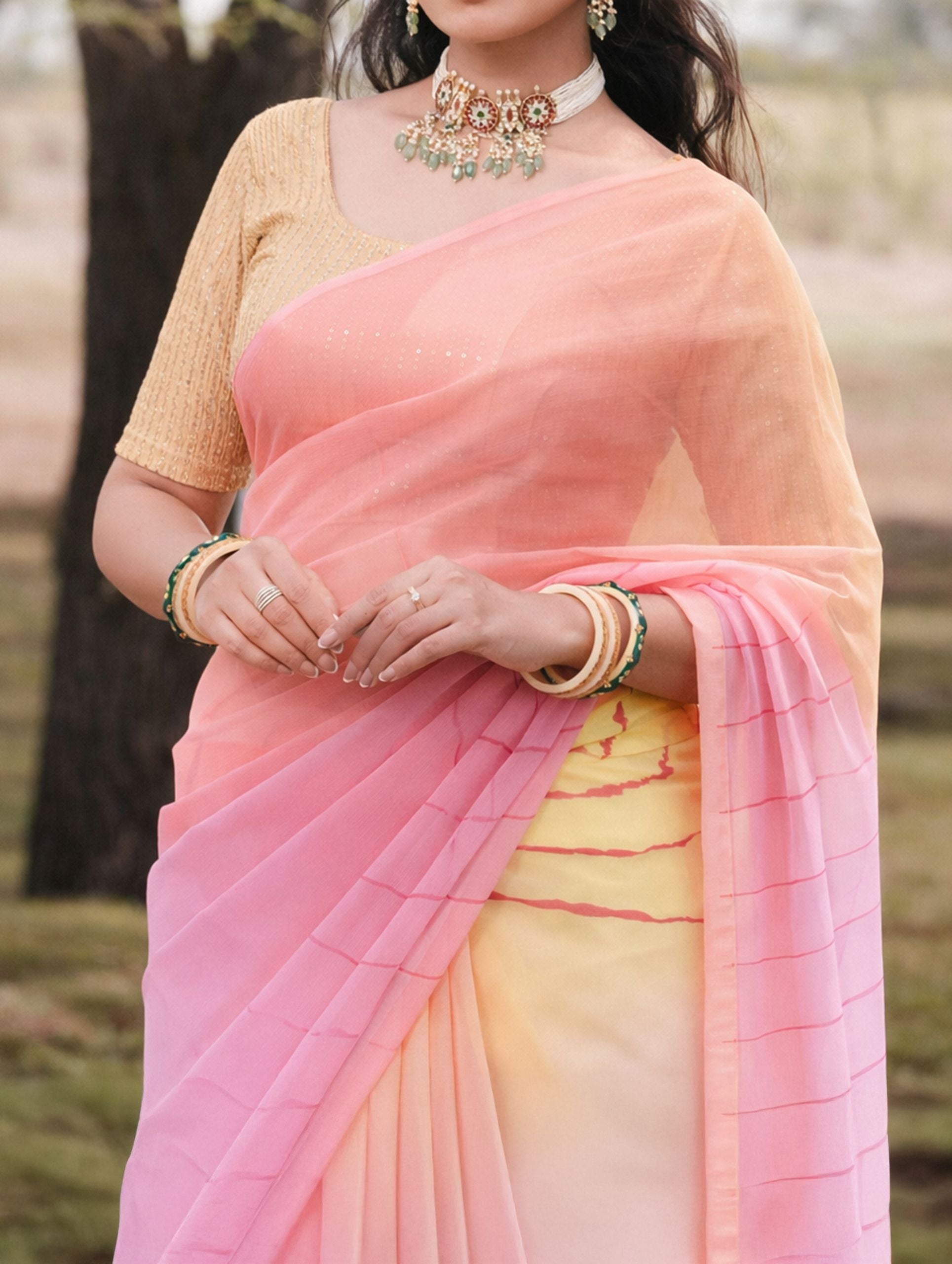 Powder Pink And Butter Yellow Multicolor Double Diamond Chiffon Saree