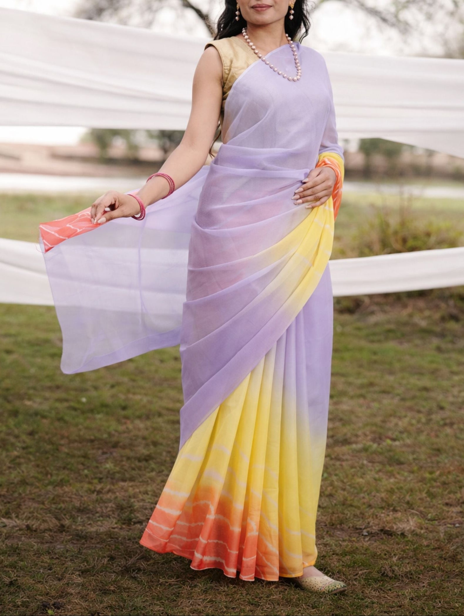 levender Yallow Orange Multicolor Hand-Dyed Double DIamond Chiffon Saree